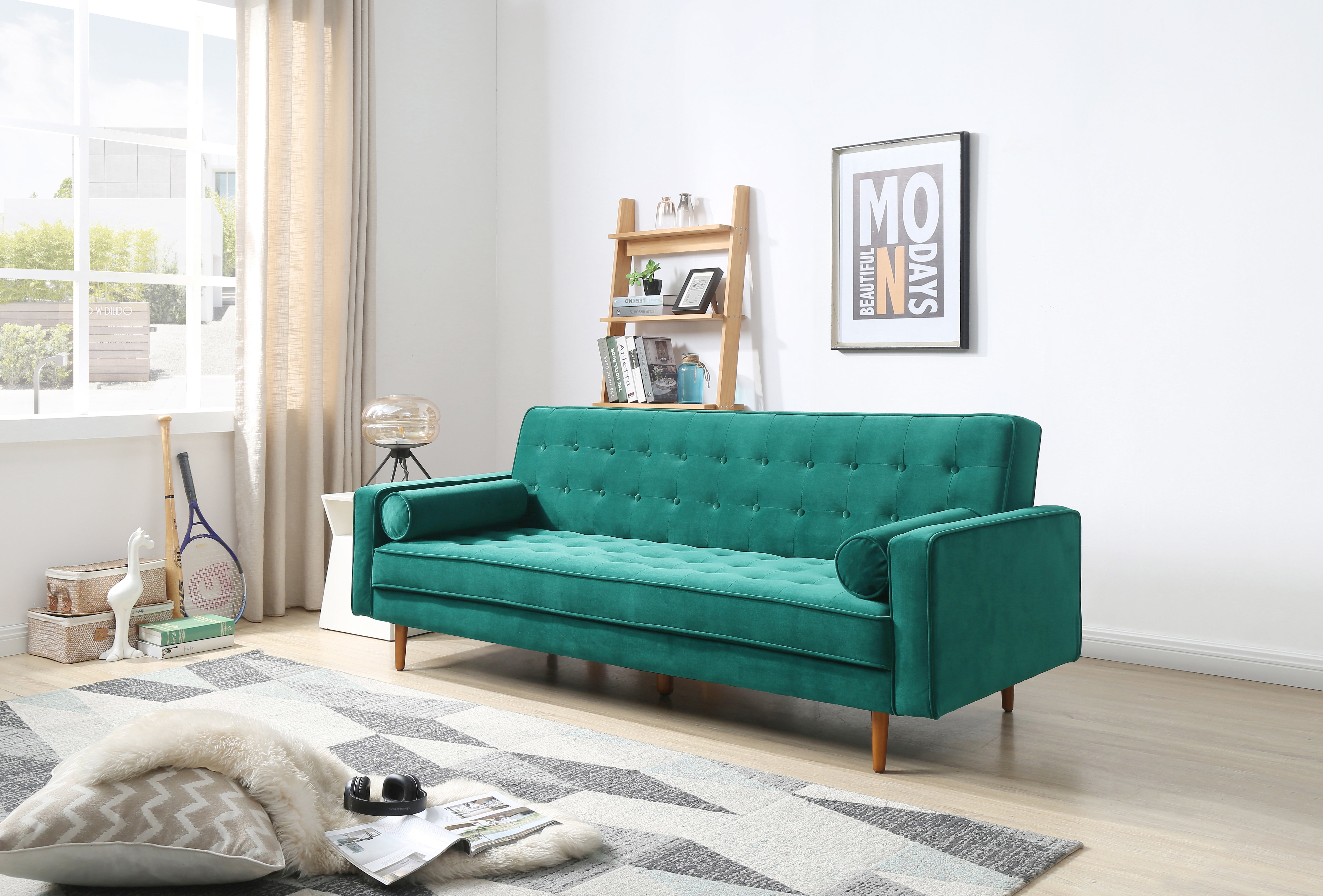 Velvet Green Button Tufted 3 Seater Sofa Bed with Storage