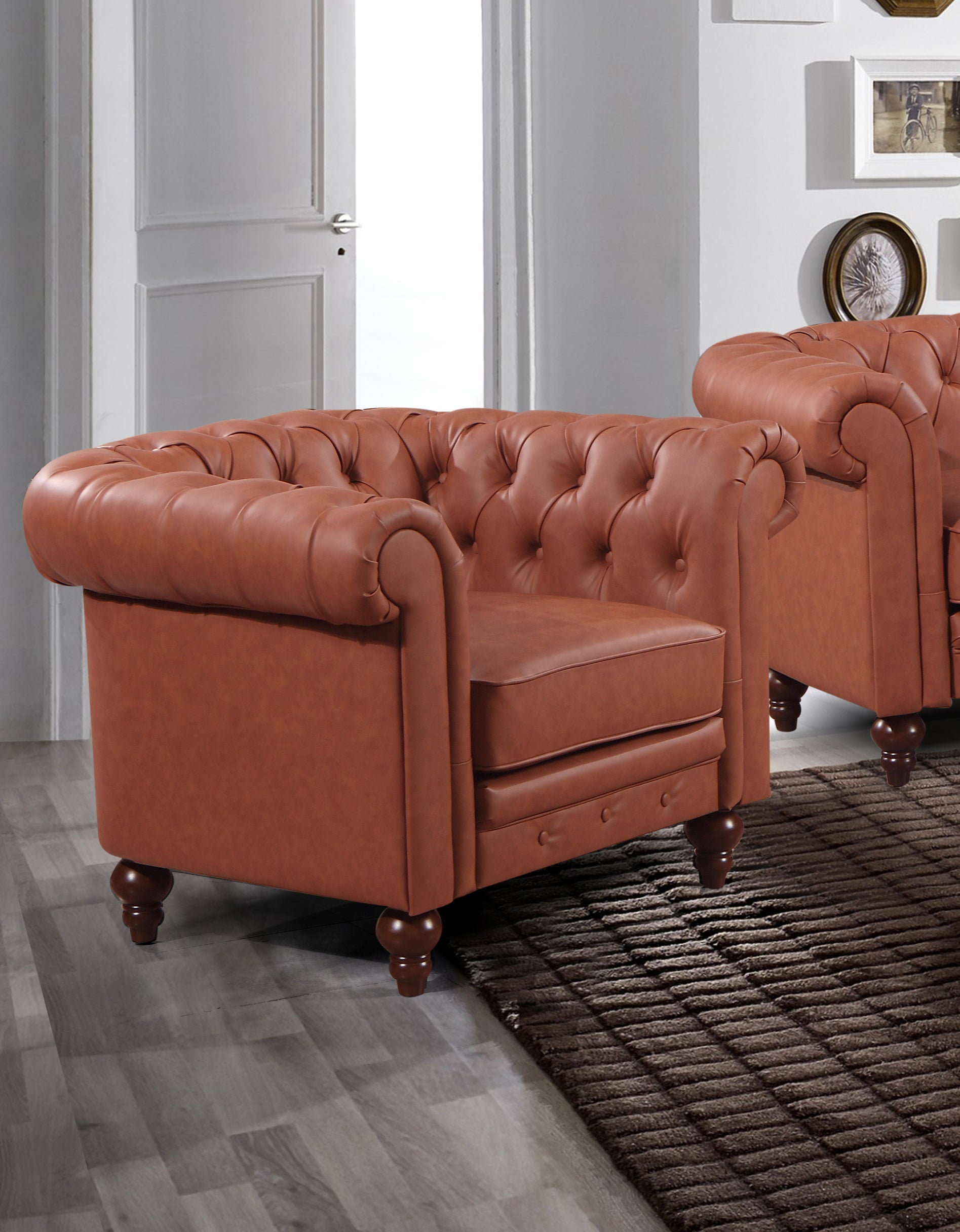 Premium Button Tufted Brown Faux Leather Armchair