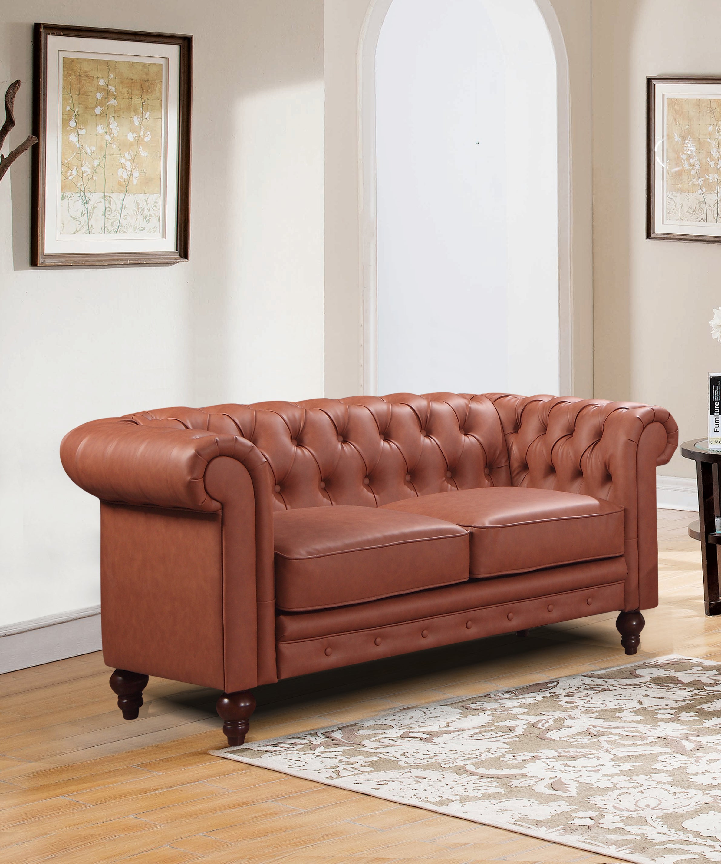 Luxurious 2 Seater Faux Leather Chesterfield Sofa, Brown