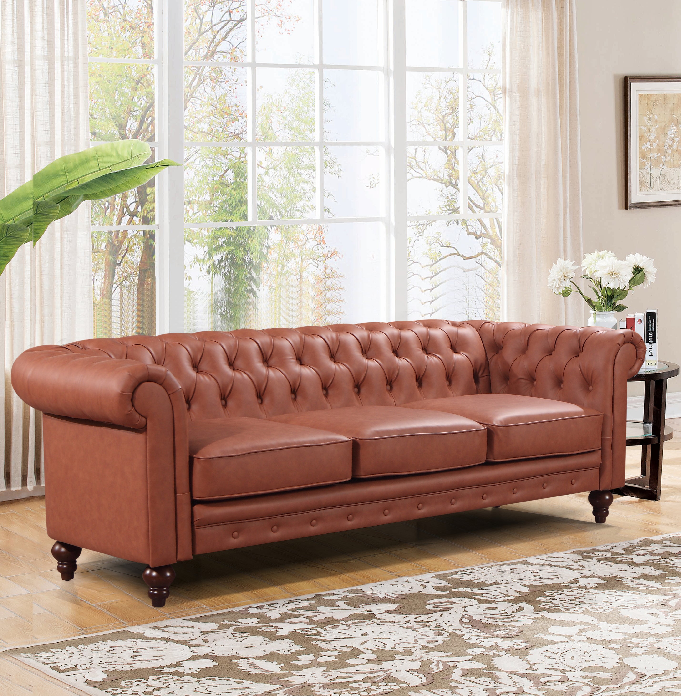 Premium 3 Seater Button Tufted Sofa, PU Leather, Firm Support