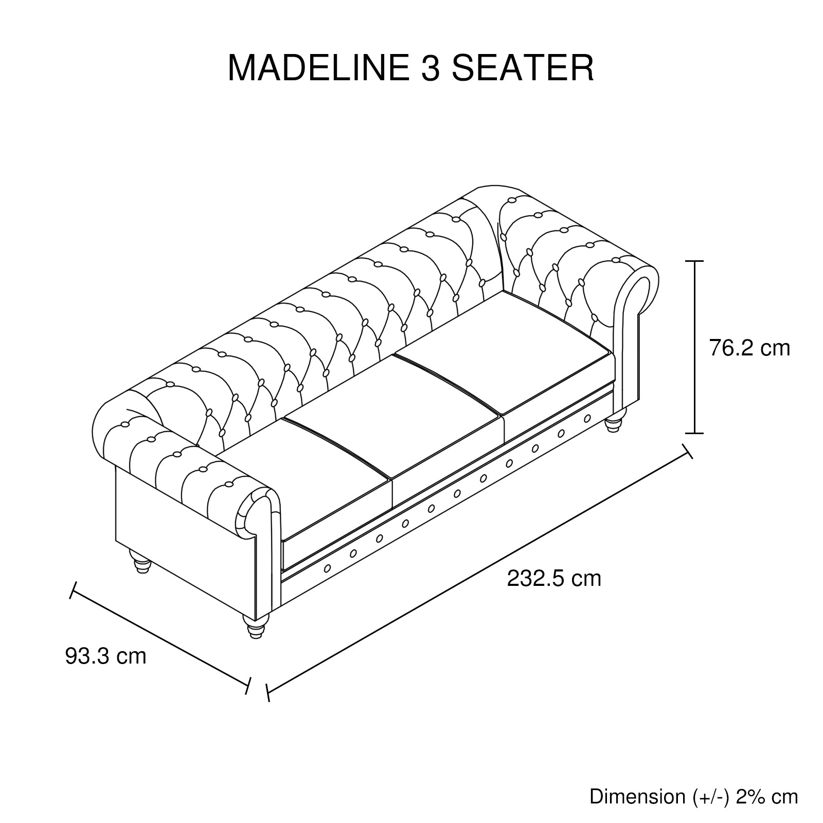 Premium 3 Seater Button Tufted Sofa, PU Leather, Firm Support