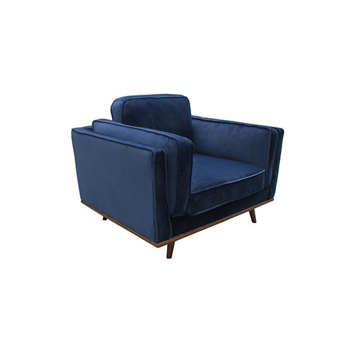 Soft Blue Velvet Armchair Sofa, Wooden Legs, Single Seater