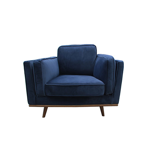 Soft Blue Velvet Armchair Sofa, Wooden Legs, Single Seater