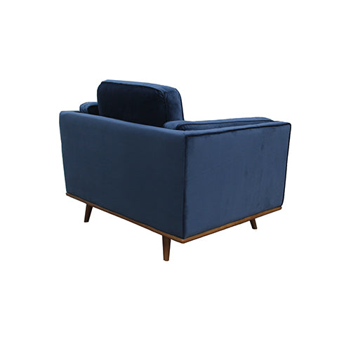 Soft Blue Velvet Armchair Sofa, Wooden Legs, Single Seater