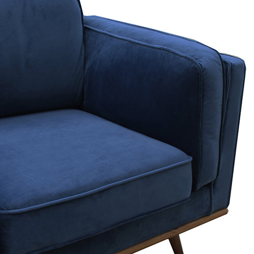 Soft Blue Velvet Armchair Sofa, Wooden Legs, Single Seater