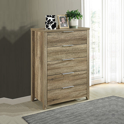 5-Drawer Tallboy with Metal Handles, Wooden MDF, Oak Finish