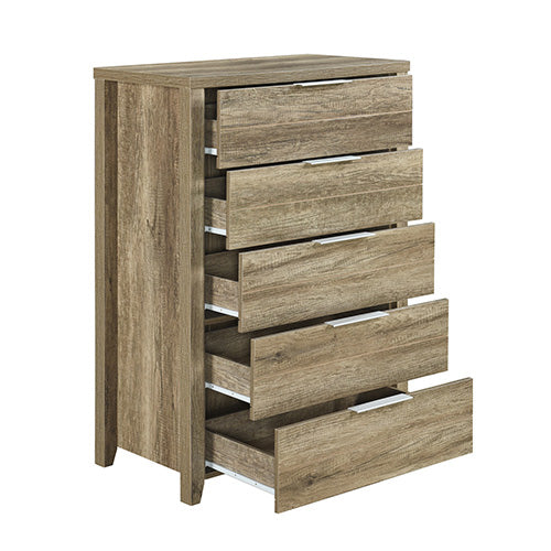 5-Drawer Tallboy with Metal Handles, Wooden MDF, Oak Finish