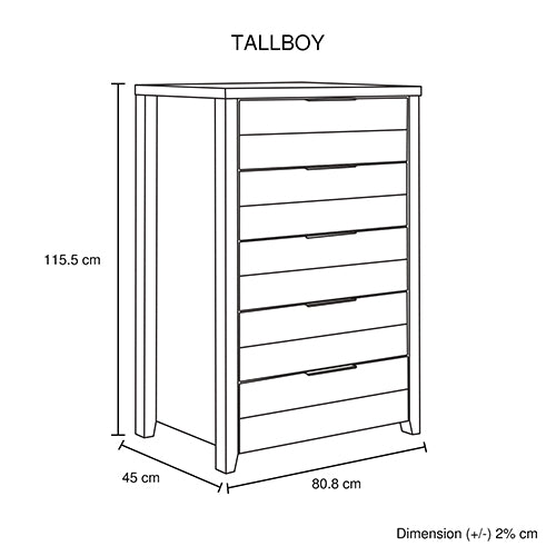 5-Drawer Tallboy with Metal Handles, Wooden MDF, Oak Finish