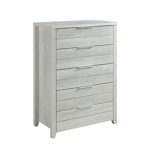 Natural Wood Like 5 Drawer Tallboy with Metal Handles