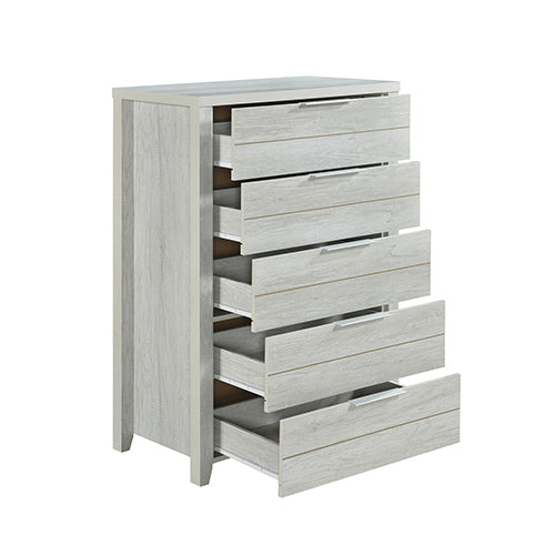 Natural Wood Like 5 Drawer Tallboy with Metal Handles