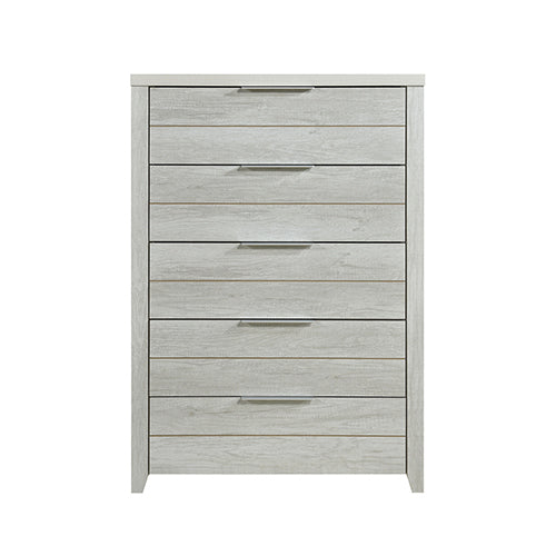 Natural Wood Like 5 Drawer Tallboy with Metal Handles