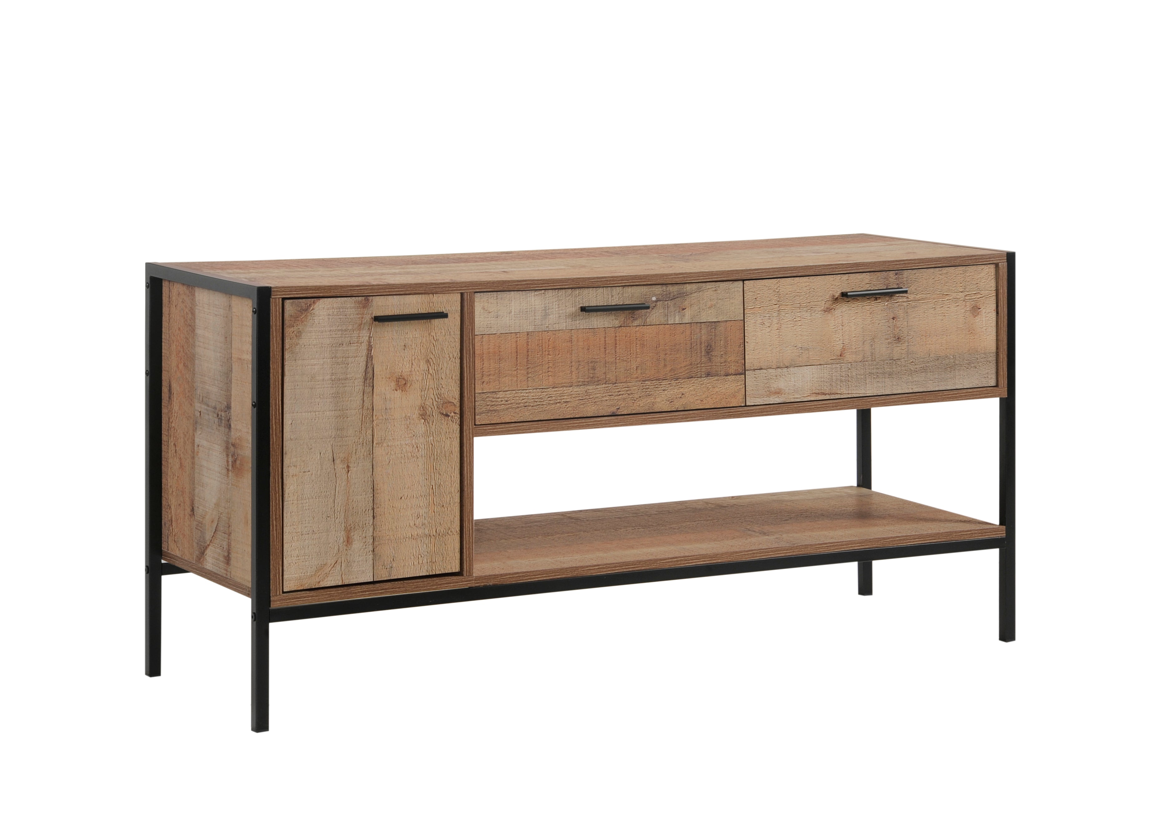 Natural Wood Look TV Cabinet with Metal Accents, 3 Drawers