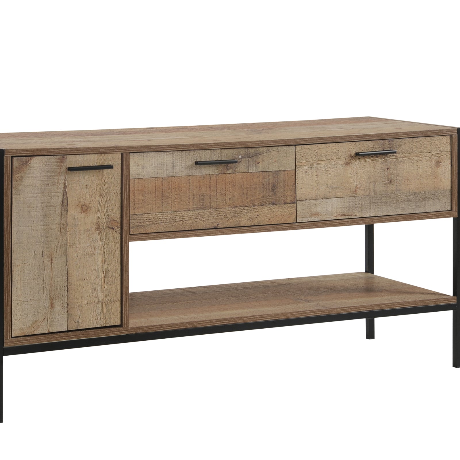 Natural Wood Look TV Cabinet with Metal Accents, 3 Drawers