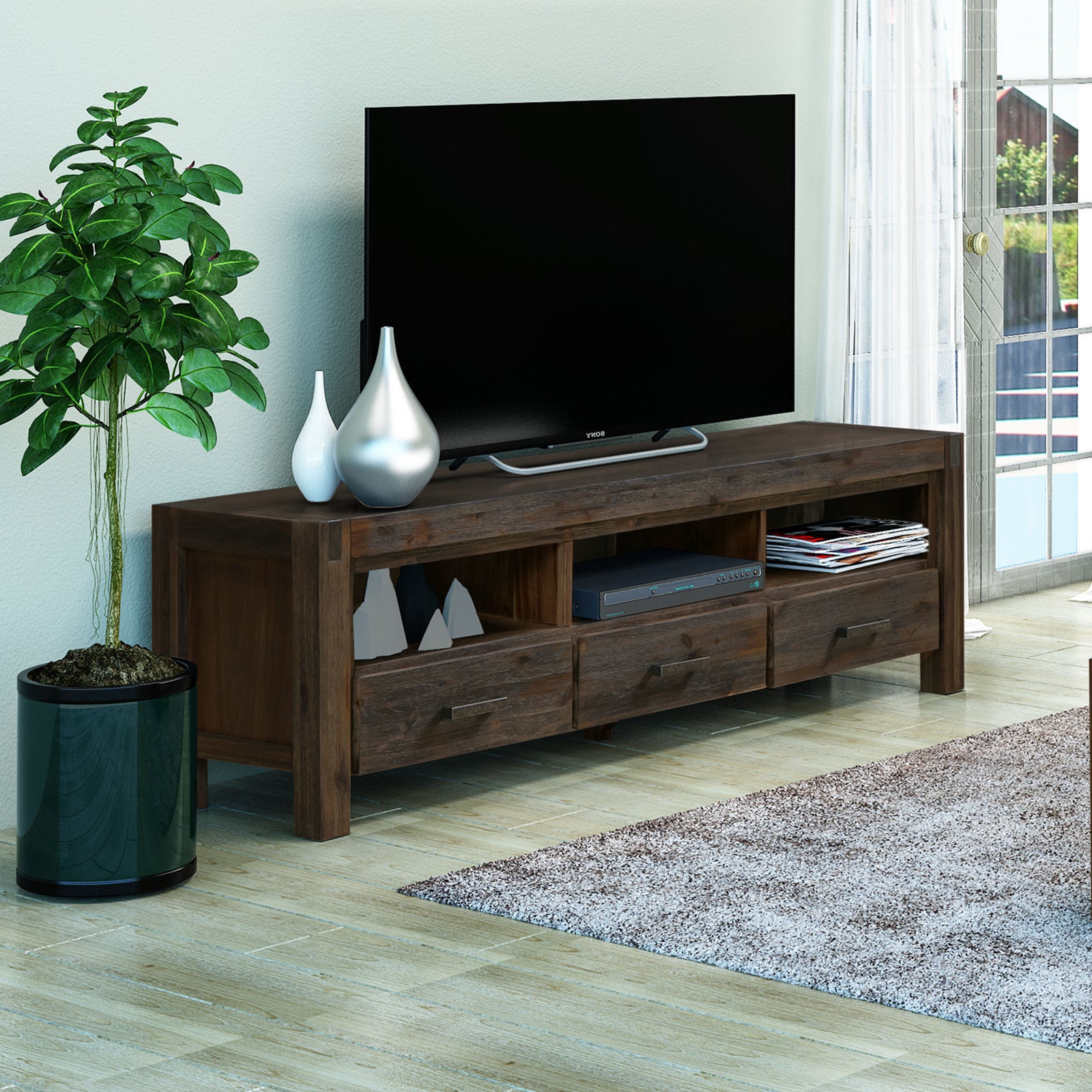 Solid Acacia TV Cabinet, 3 Drawers & Shelf, Rustic Metal Finish