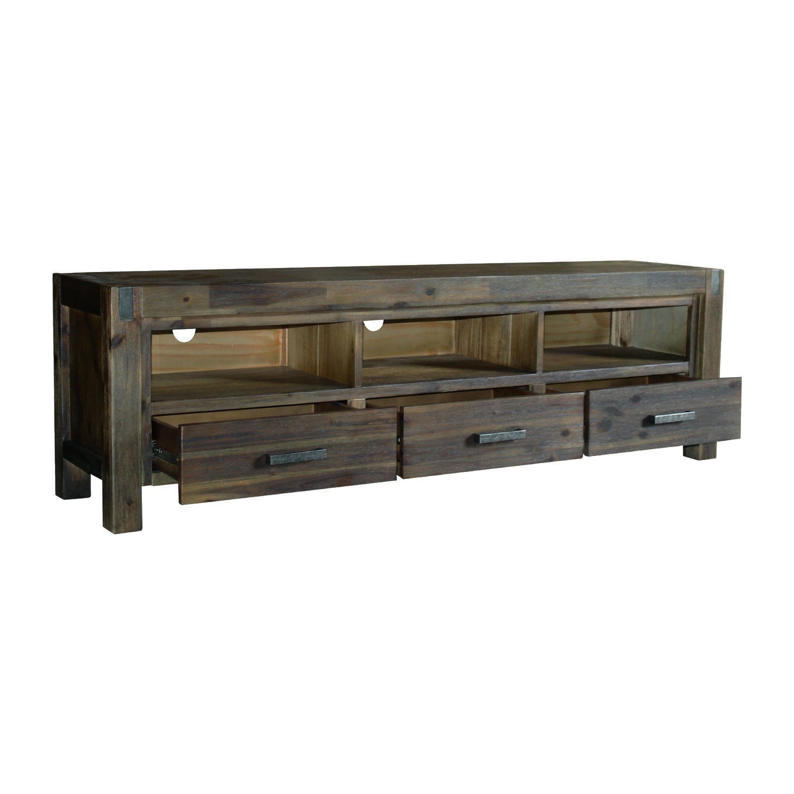 Solid Acacia TV Cabinet, 3 Drawers & Shelf, Rustic Metal Finish