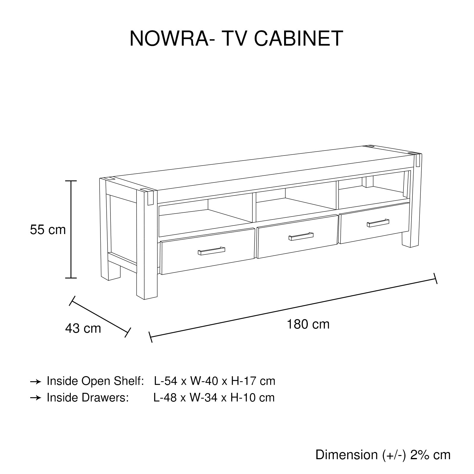 Solid Acacia TV Cabinet, 3 Drawers & Shelf, Rustic Metal Finish