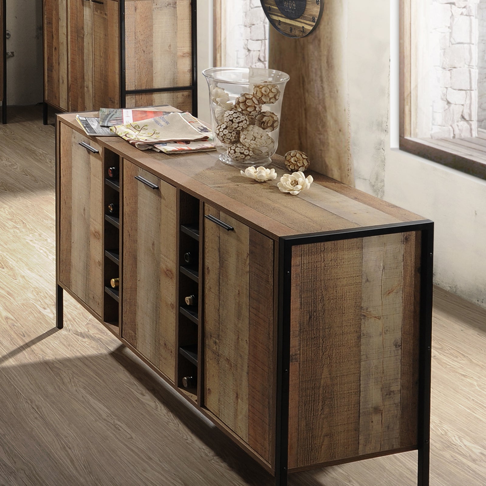 Oak Wine Cabinet with Ample Storage, Metal Handles, Strong Support