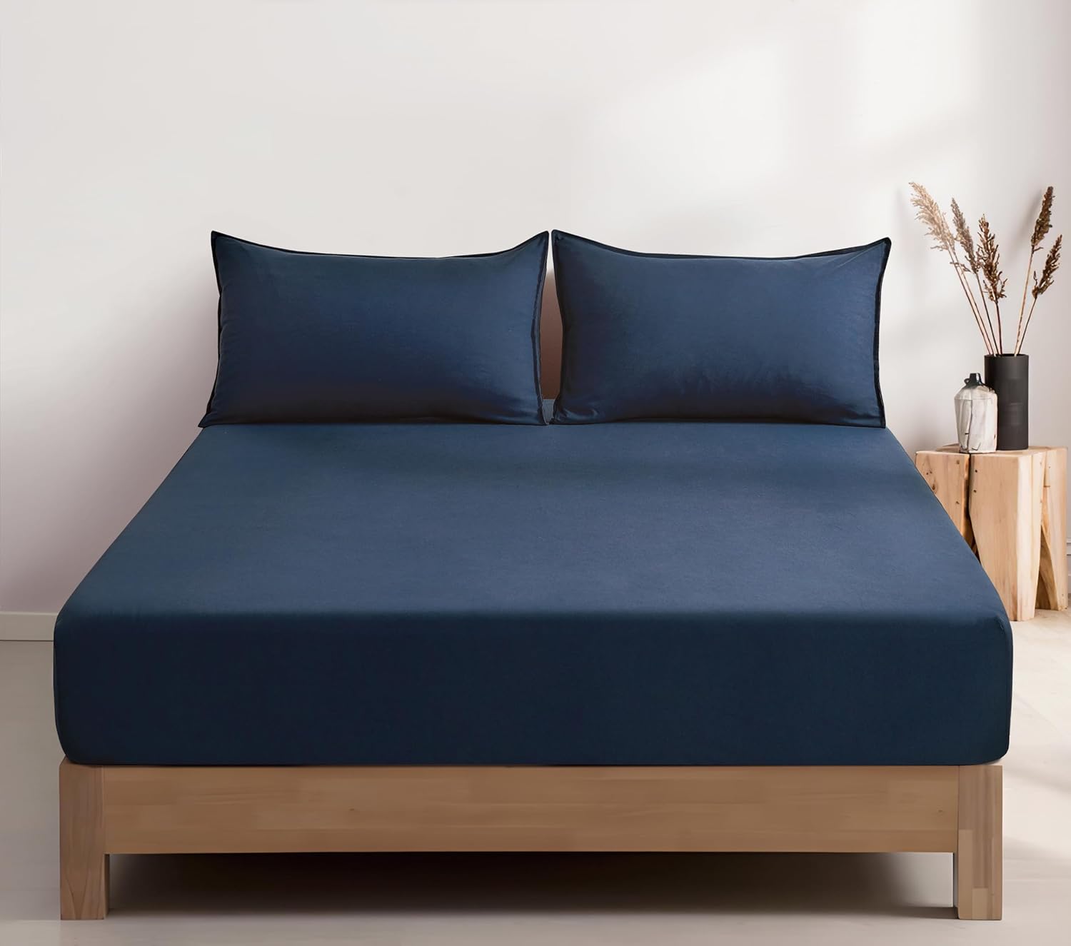 100% Vintage Washed Microfibre Fitted Sheet Set – Ultra Soft & Lightweight All-Season Fitted Sheet with 1 Pillowcase Navy Blue, Single Size