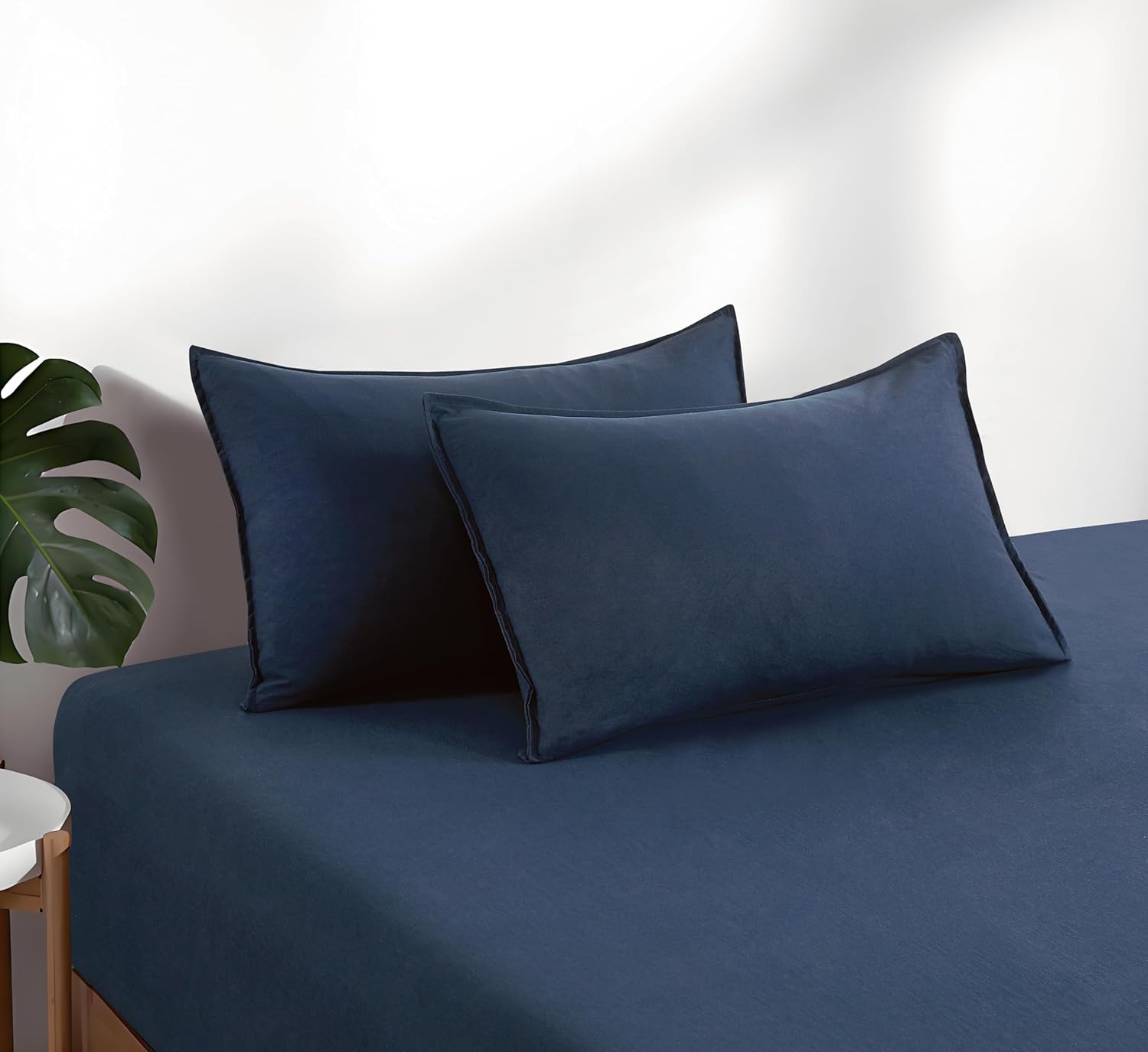 100% Vintage Washed Microfibre Fitted Sheet Set – Ultra Soft & Lightweight All-Season Fitted Sheet with 1 Pillowcase Navy Blue, Single Size