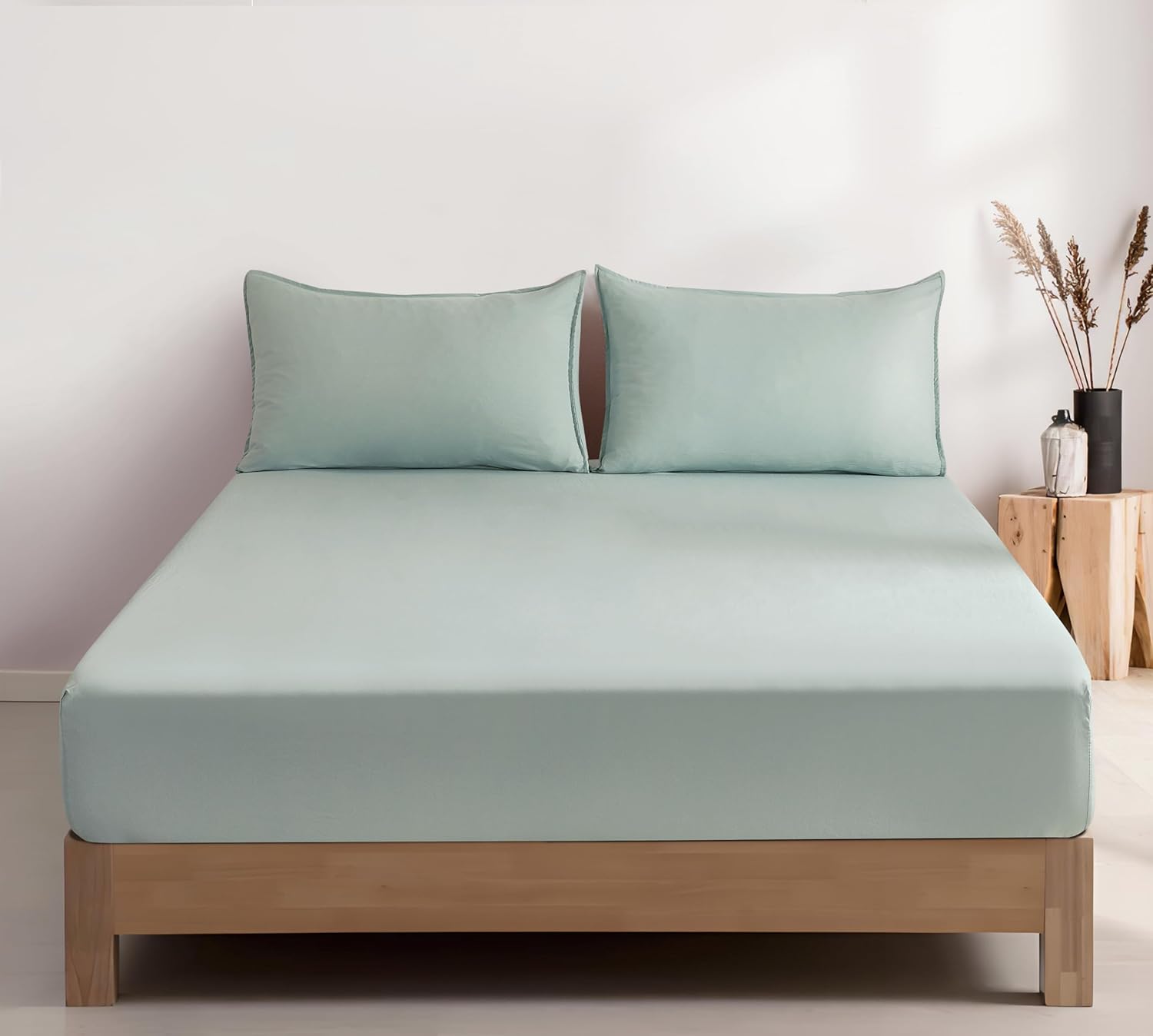 100% Vintage Washed Microfibre Fitted Sheet Set – Ultra Soft & Lightweight All-Season Fitted Sheet with 1 Pillowcase Sage, Single Size