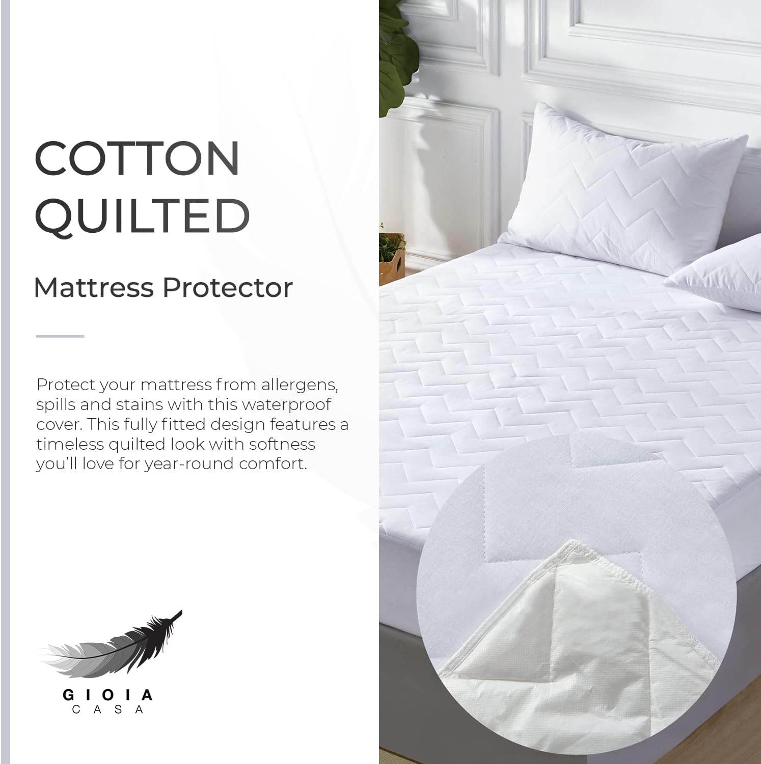 Gioia Casa 100% Ultra-Soft Cotton Quilted Anti-Microbial Mattress Cover Protector - Single Size