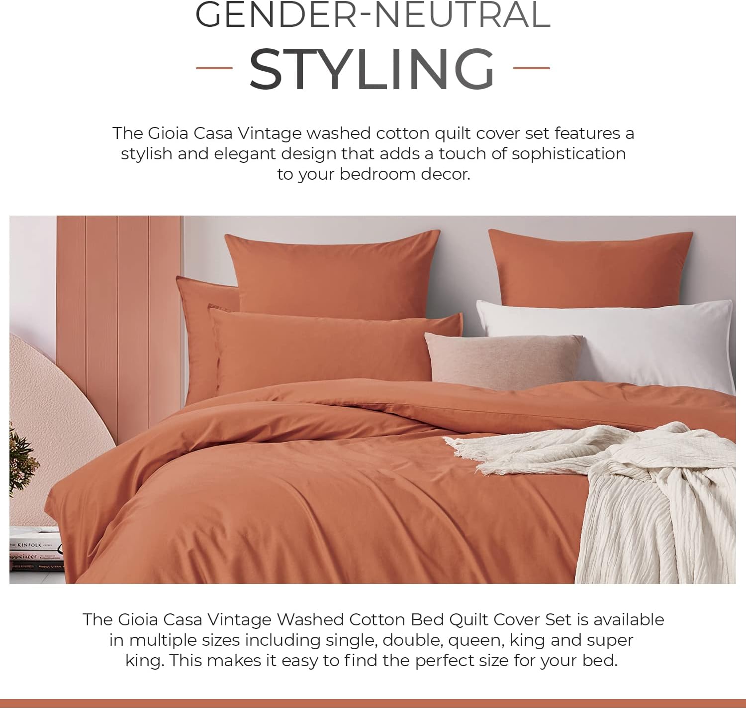 100% Cotton Vintage Washed Bed Quilt Cover Set - Brick - Single