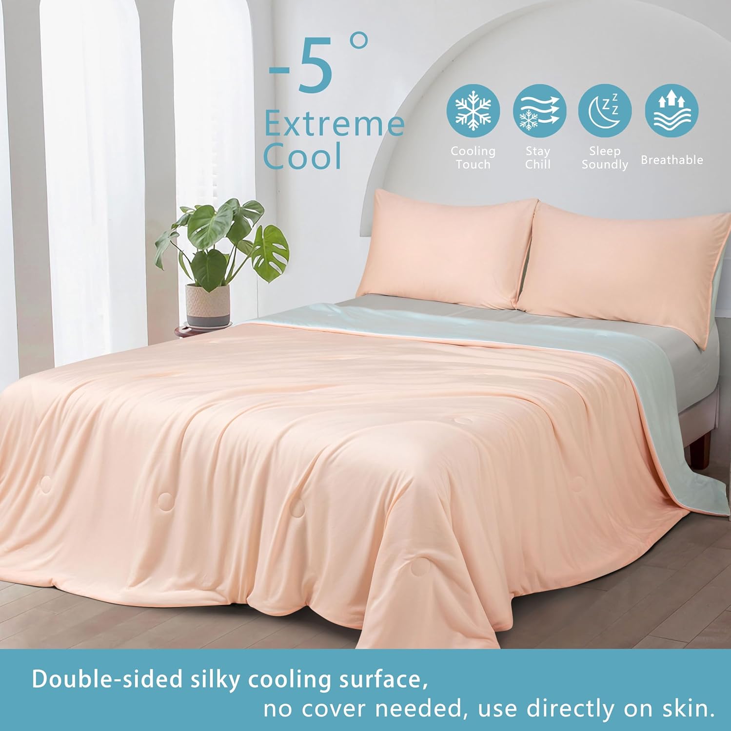 Ice Cooling Reversible Summer Comforter Blanket Orange and Blue, Single/Double