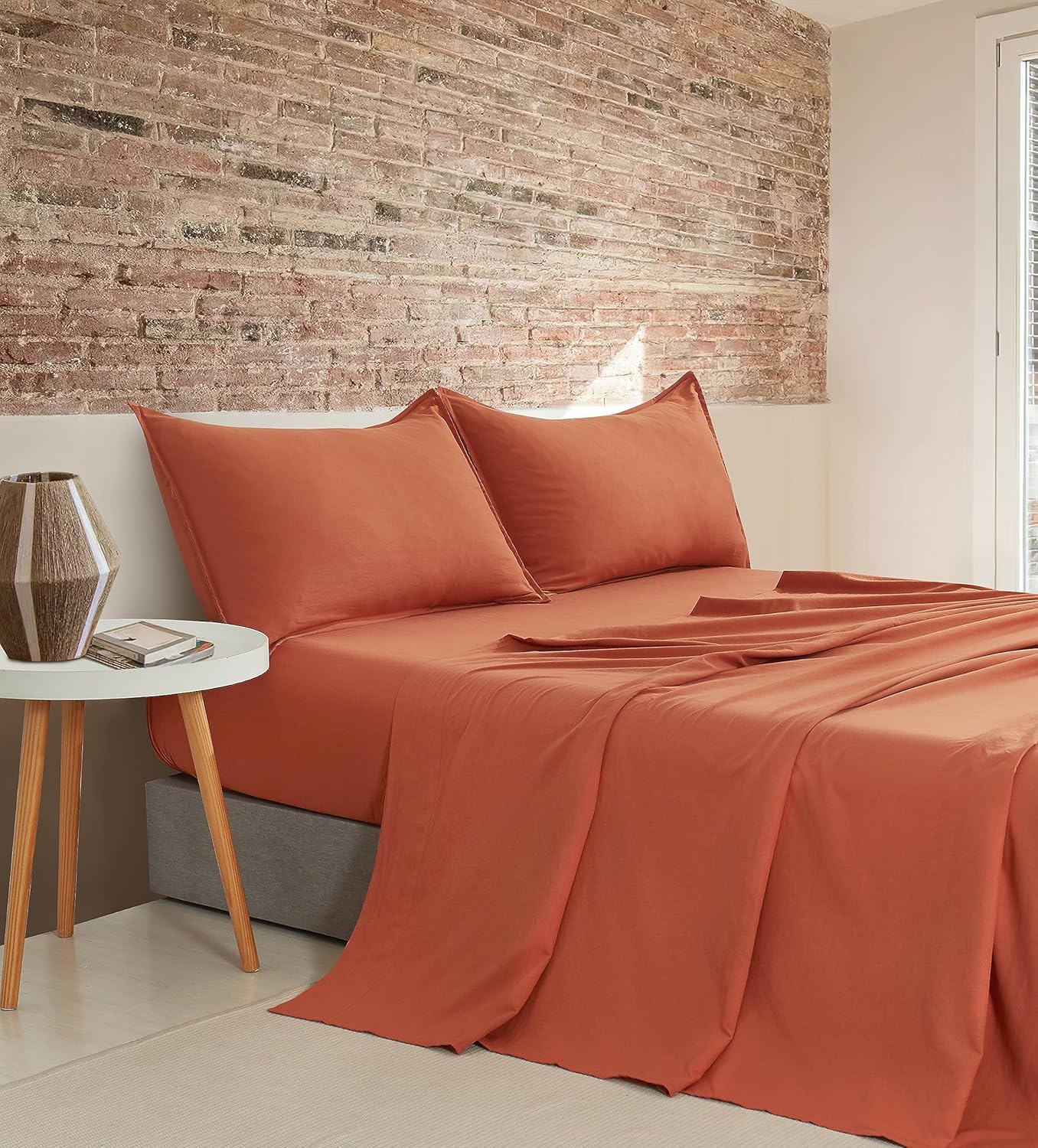 Premium Microfibre Vintage Sheet Set, Single - Terracotta, CleverPolly