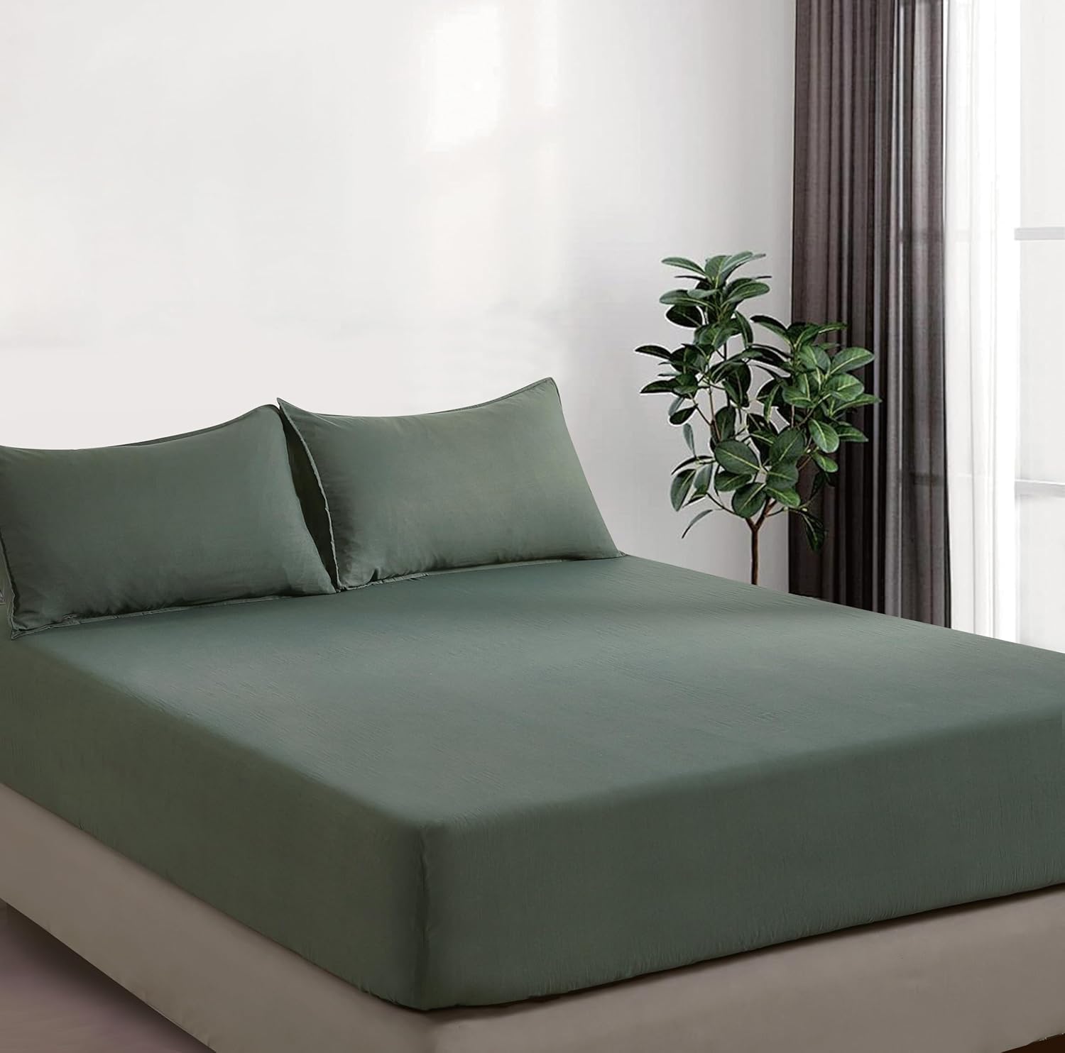 100% Vintage Washed Microfibre Fitted Sheet Set – Ultra Soft & Lightweight All-Season Fitted Sheet with 2 Pillowcases Khaki Green, Double Size