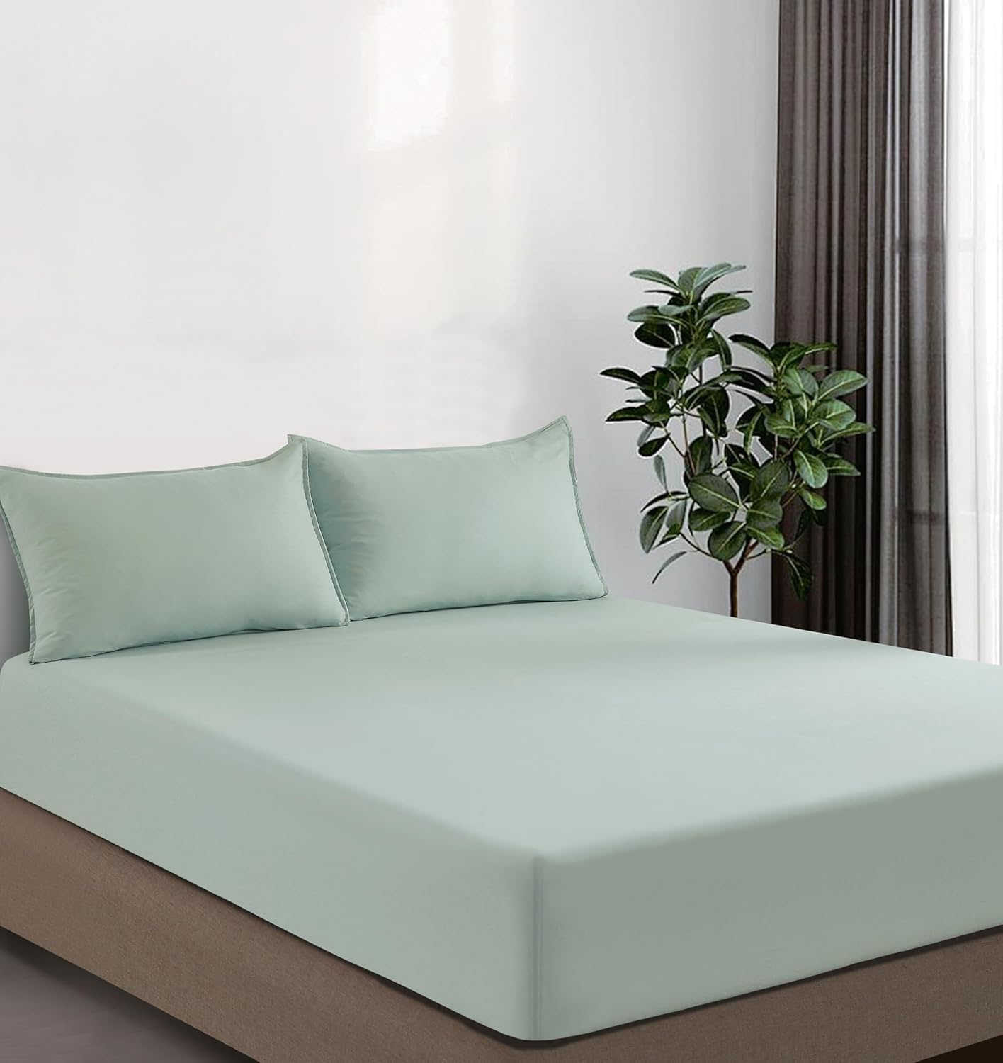 100% Vintage Washed Microfibre Fitted Sheet Set – Ultra Soft & Lightweight All-Season Fitted Sheet with 2 Pillowcases Sage, Double Size