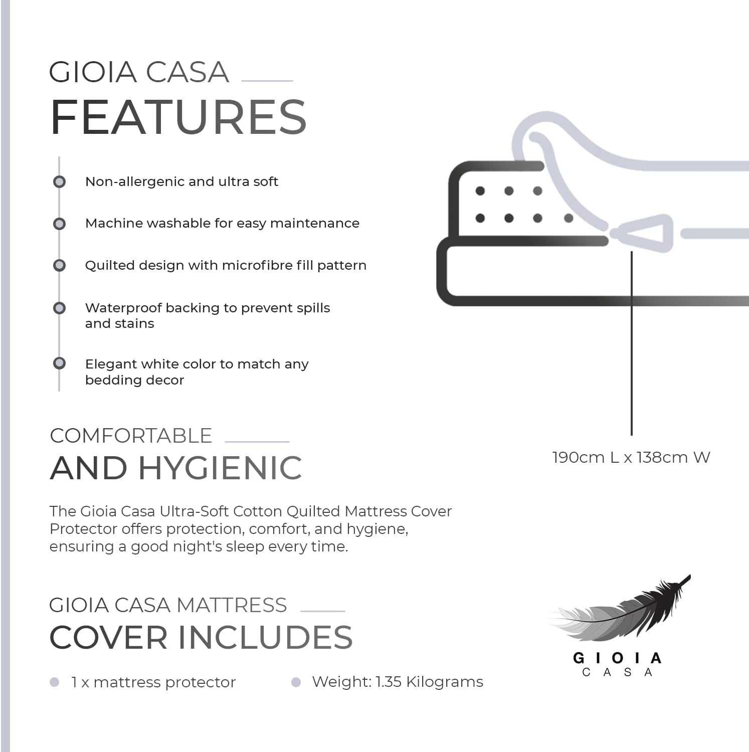 Ultra-Soft Cotton Waterproof Anti-Microbial Mattress Protector - Double Gioia Casa