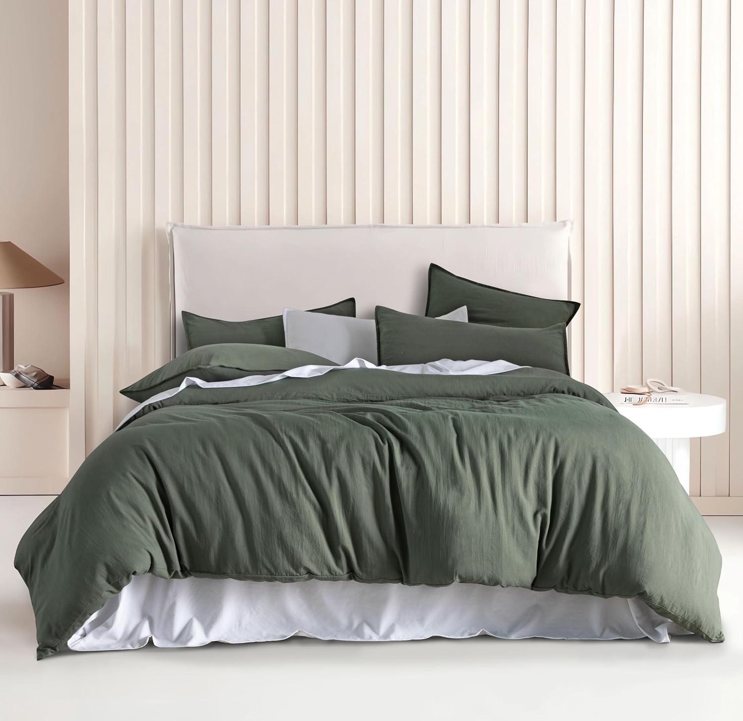 Vintage Washed Microfibre Quilt Cover Set 3Pcs - Khaki Green - Double Size