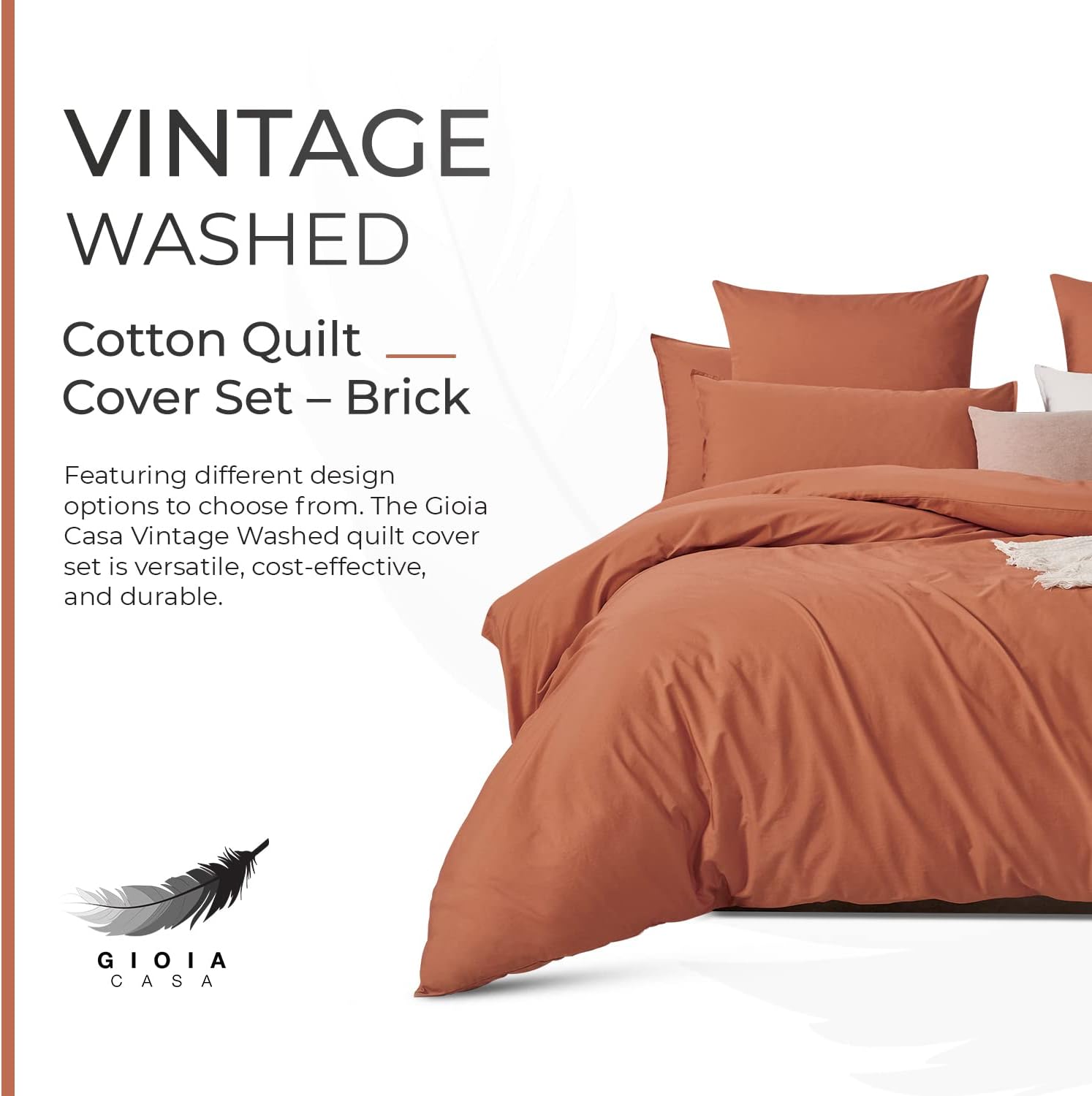 Ultra-Soft 100% Cotton Bed Quilt Cover Set (3Pcs) - Brick