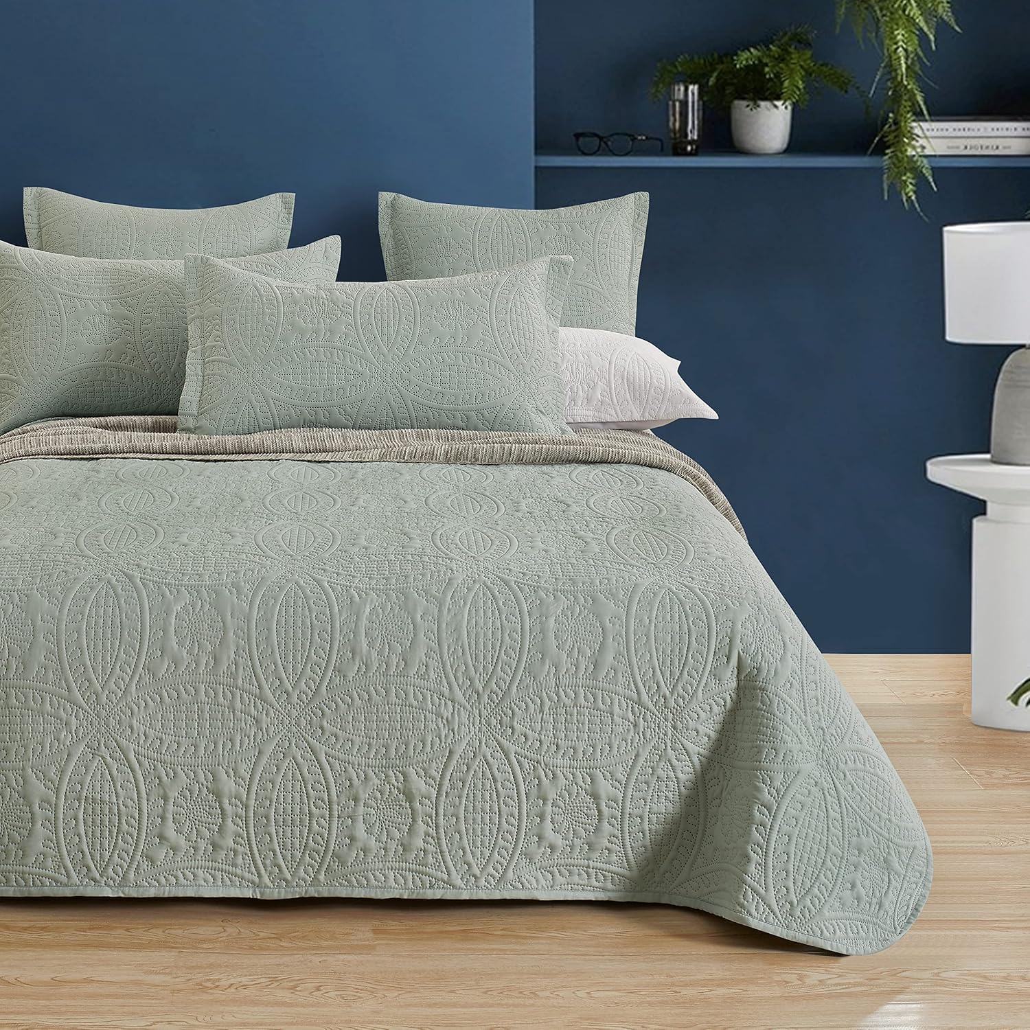 Lisbon Quilted 3-Piece Embossed Coverlet Set Sage Green, Double/Queen