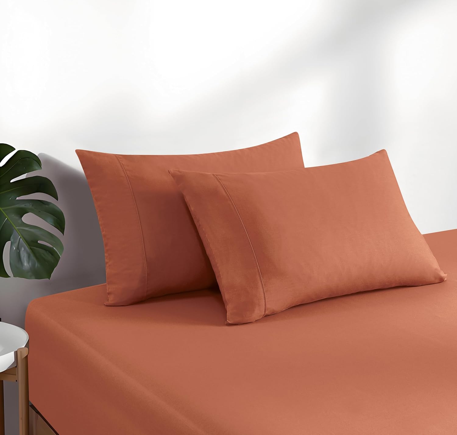 100% Vintage Washed Cotton Fitted Sheet Combo Set – 100% Natural Cotton, Ultra Soft & Breathable – Includes Fitted Sheet & Pillowcases – Machine Washable Brick, Queen