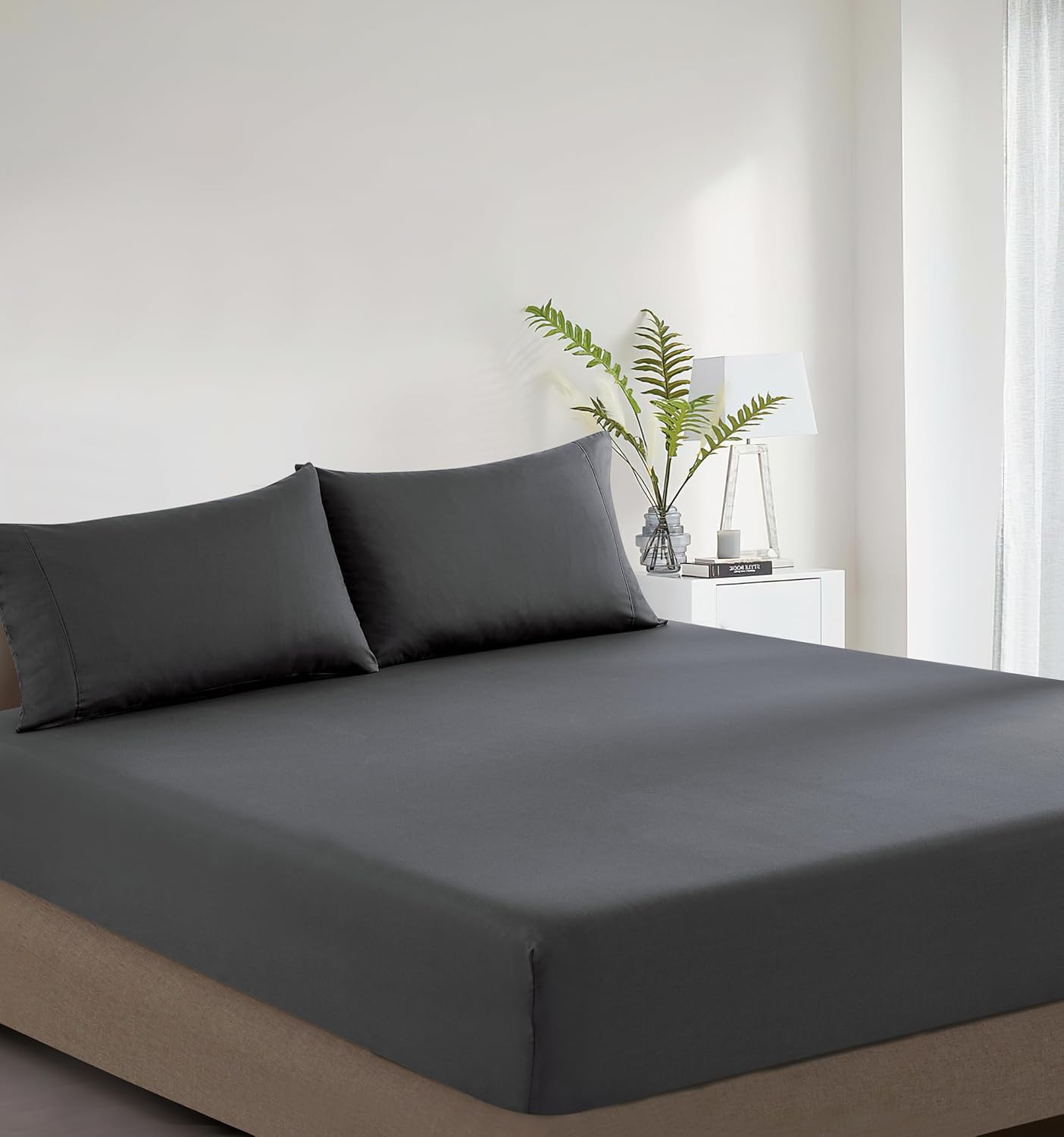 100% Vintage Washed Cotton Fitted Sheet Combo Set – 100% Natural Cotton, Ultra Soft & Breathable – Includes Fitted Sheet & Pillowcases – Machine Washable Charcoal, Queen