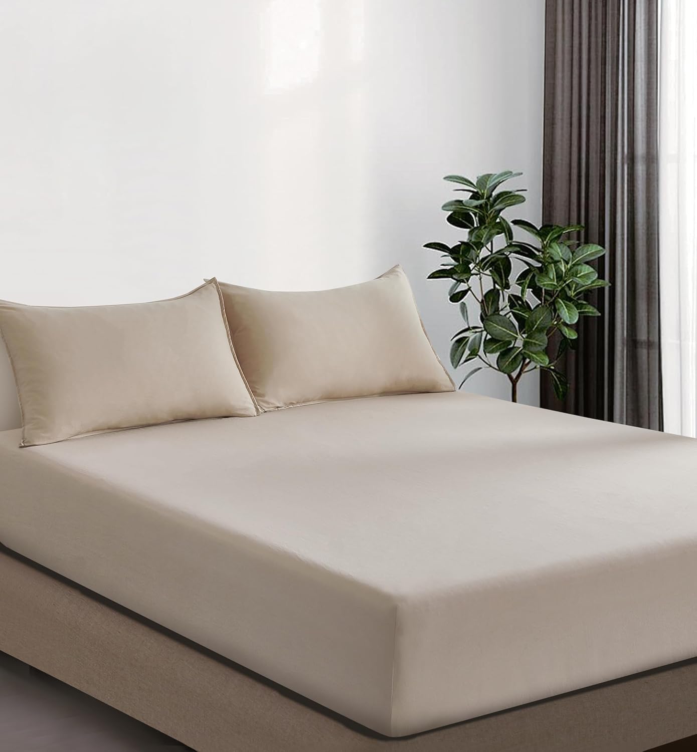 100% Vintage Washed Microfibre Fitted Sheet Set – Ultra Soft & Lightweight All-Season Fitted Sheet with 2 Pillowcases Linen, Queen Size