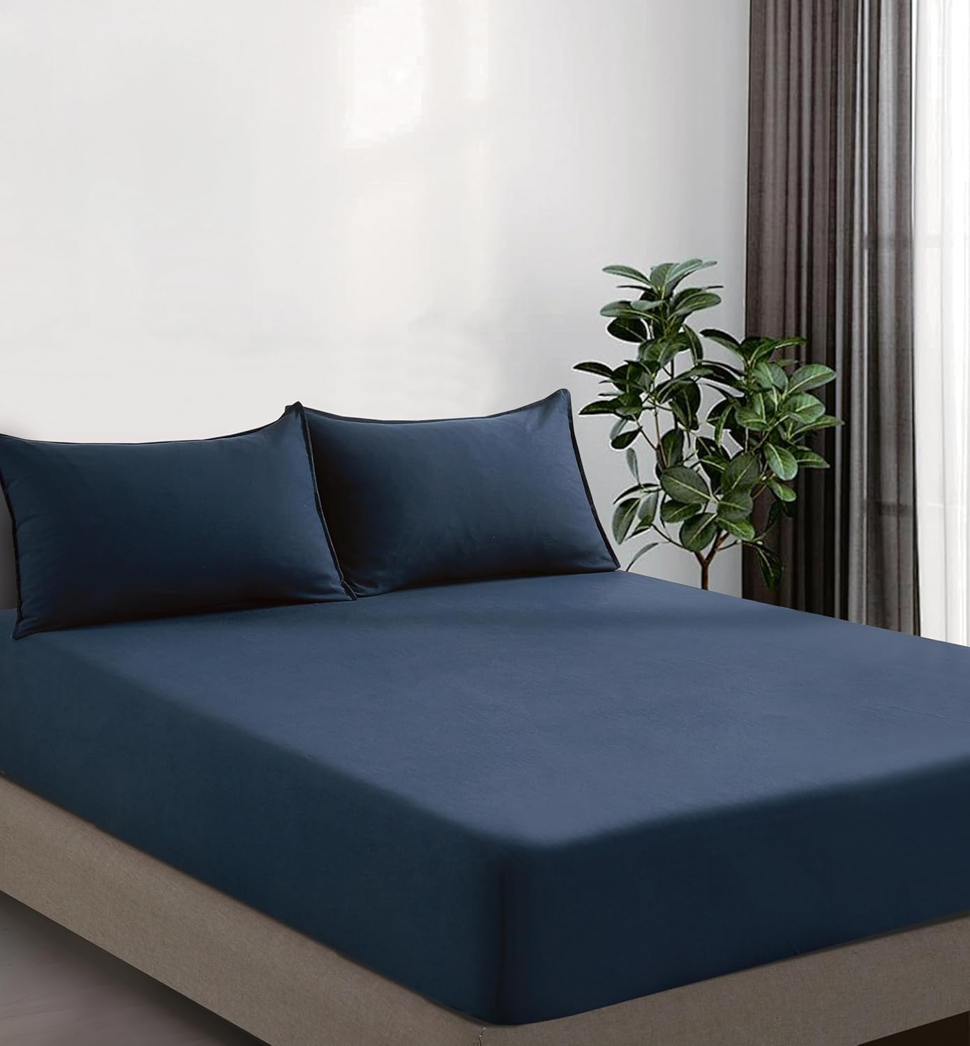 100% Vintage Washed Microfibre Fitted Sheet Set – Ultra Soft & Lightweight All-Season Fitted Sheet with 2 Pillowcases Navy Blue, Queen Size