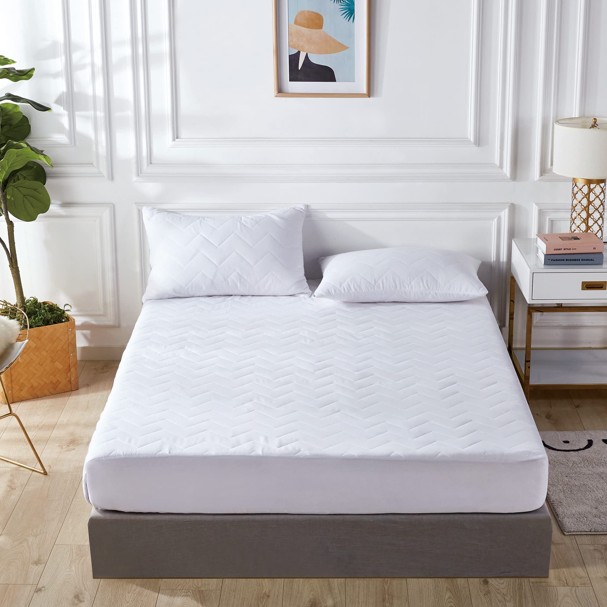 Gioia Casa 100% Ultra-Soft Cotton Quilted Anti-Microbial Mattress Cover Protector - White - Queen Size