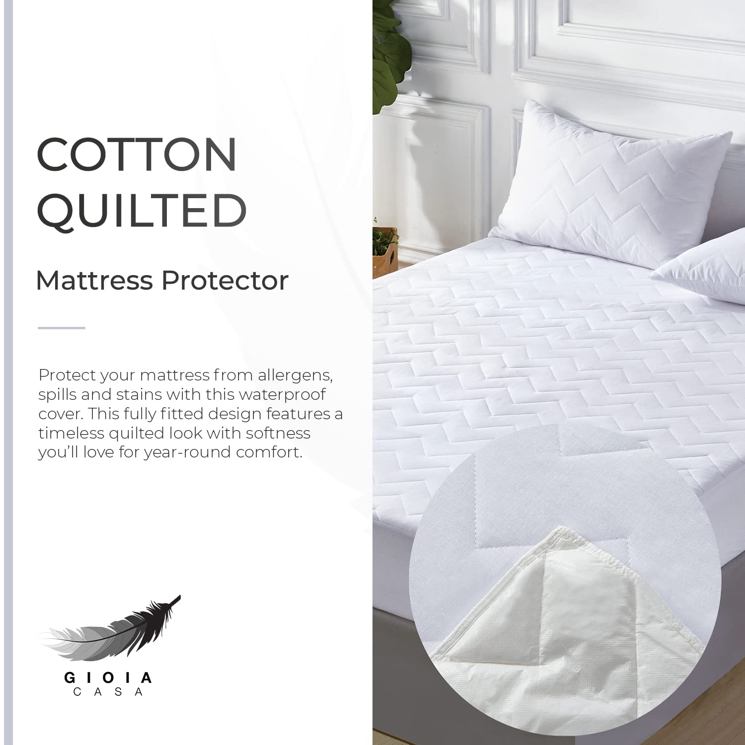 Gioia Casa 100% Ultra-Soft Cotton Quilted Anti-Microbial Mattress Cover Protector - White - Queen Size