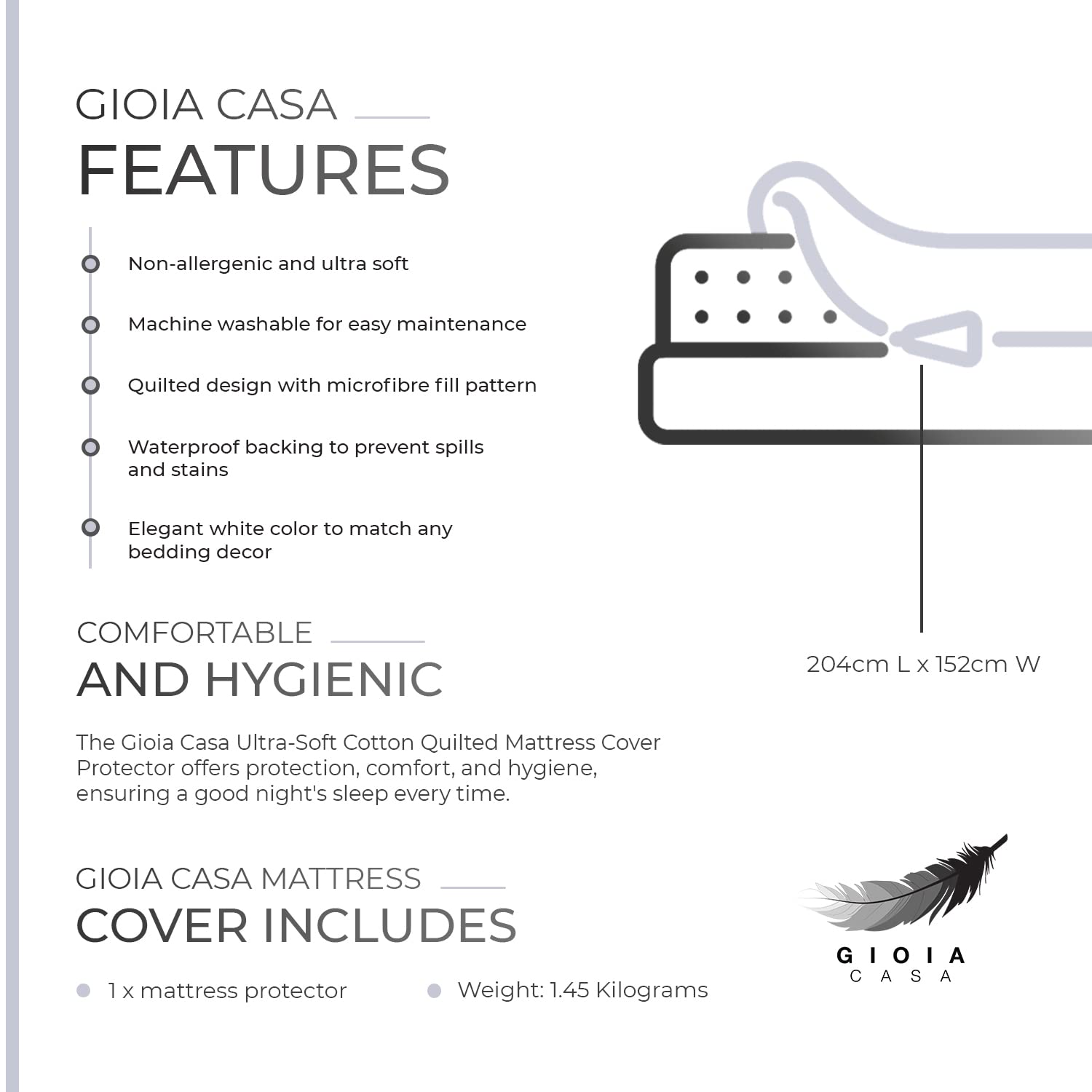 Gioia Casa 100% Ultra-Soft Cotton Quilted Anti-Microbial Mattress Cover Protector - White - Queen Size