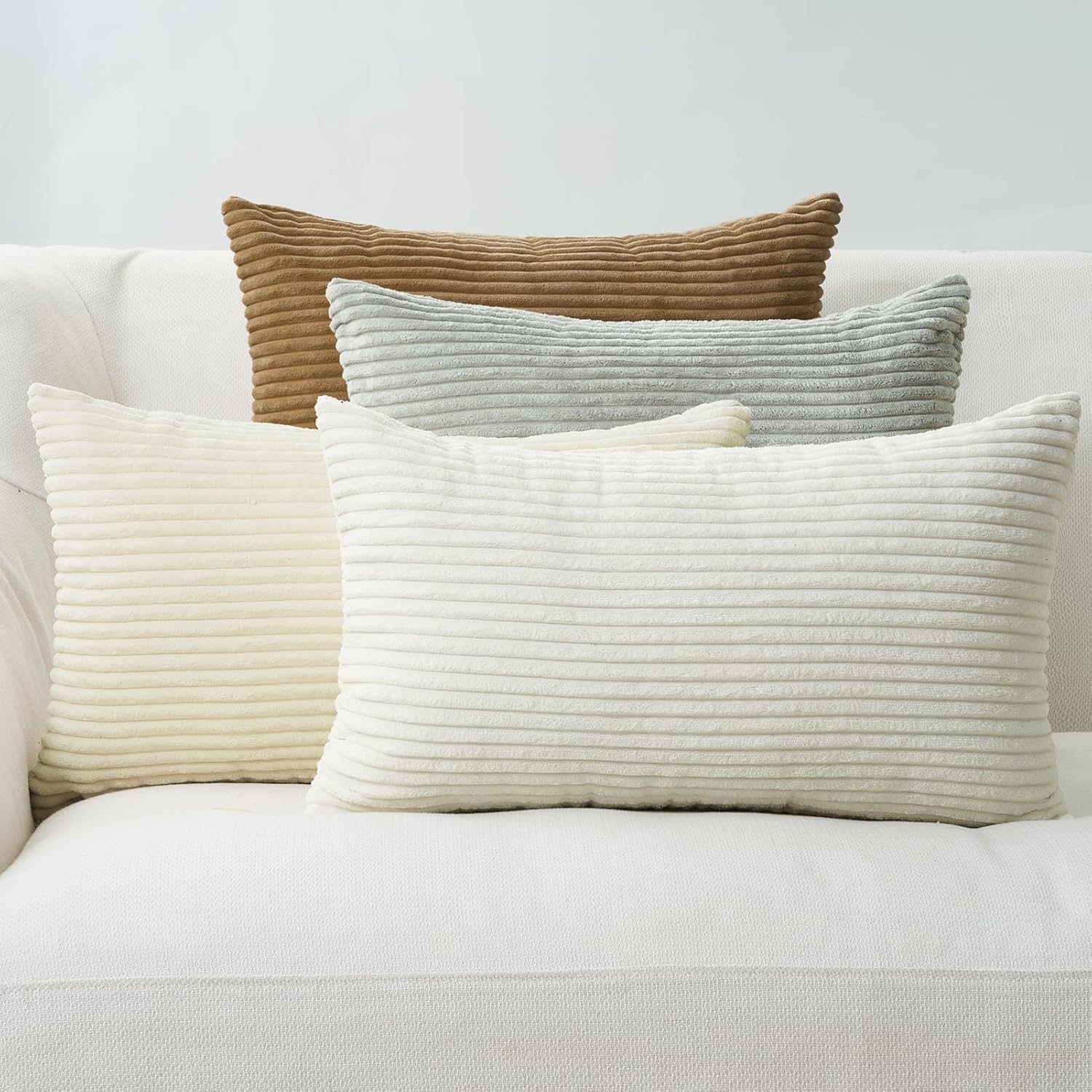 Corduroy Velvet Cushion Covers - Soft Velvet Fabric with Hidden Zipper - Stylish Mix of Beige Shades, 30cm x 50cm Pack of 4