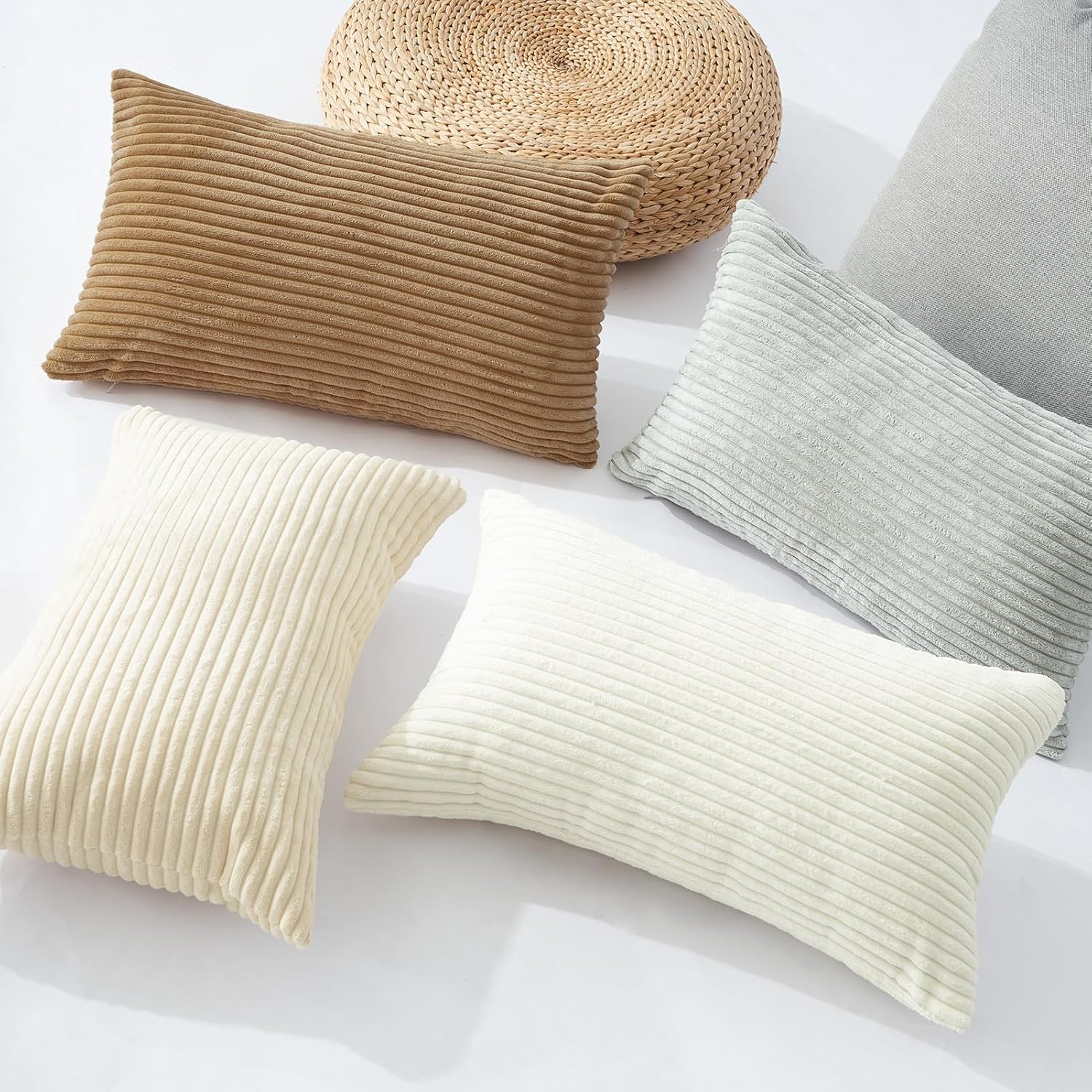 Corduroy Velvet Cushion Covers - Soft Velvet Fabric with Hidden Zipper - Stylish Mix of Beige Shades, 30cm x 50cm Pack of 4