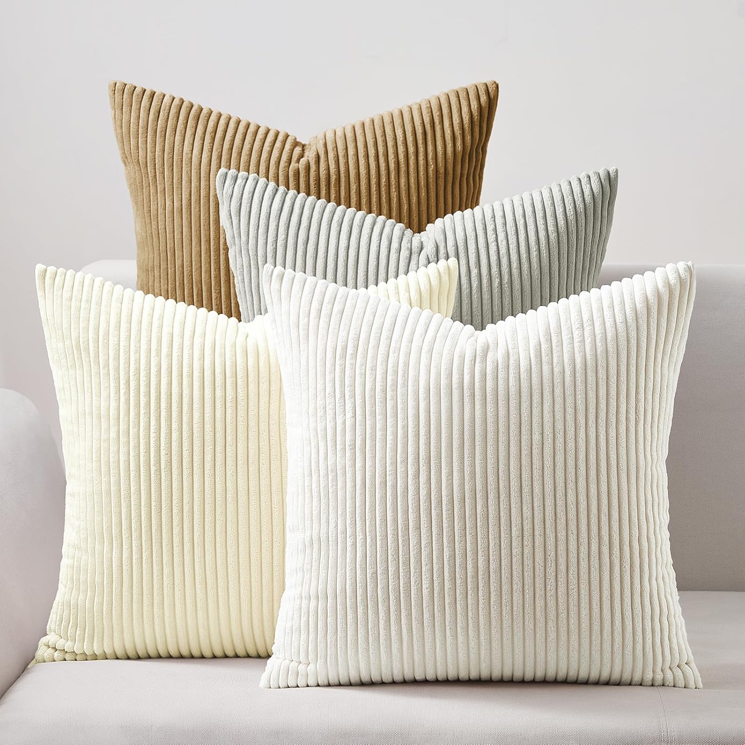 Corduroy Velvet Cushion Covers - Soft Velvet Fabric with Hidden Zipper - Stylish Mix of Beige Shades, 45cm x 45cm Pack of 4