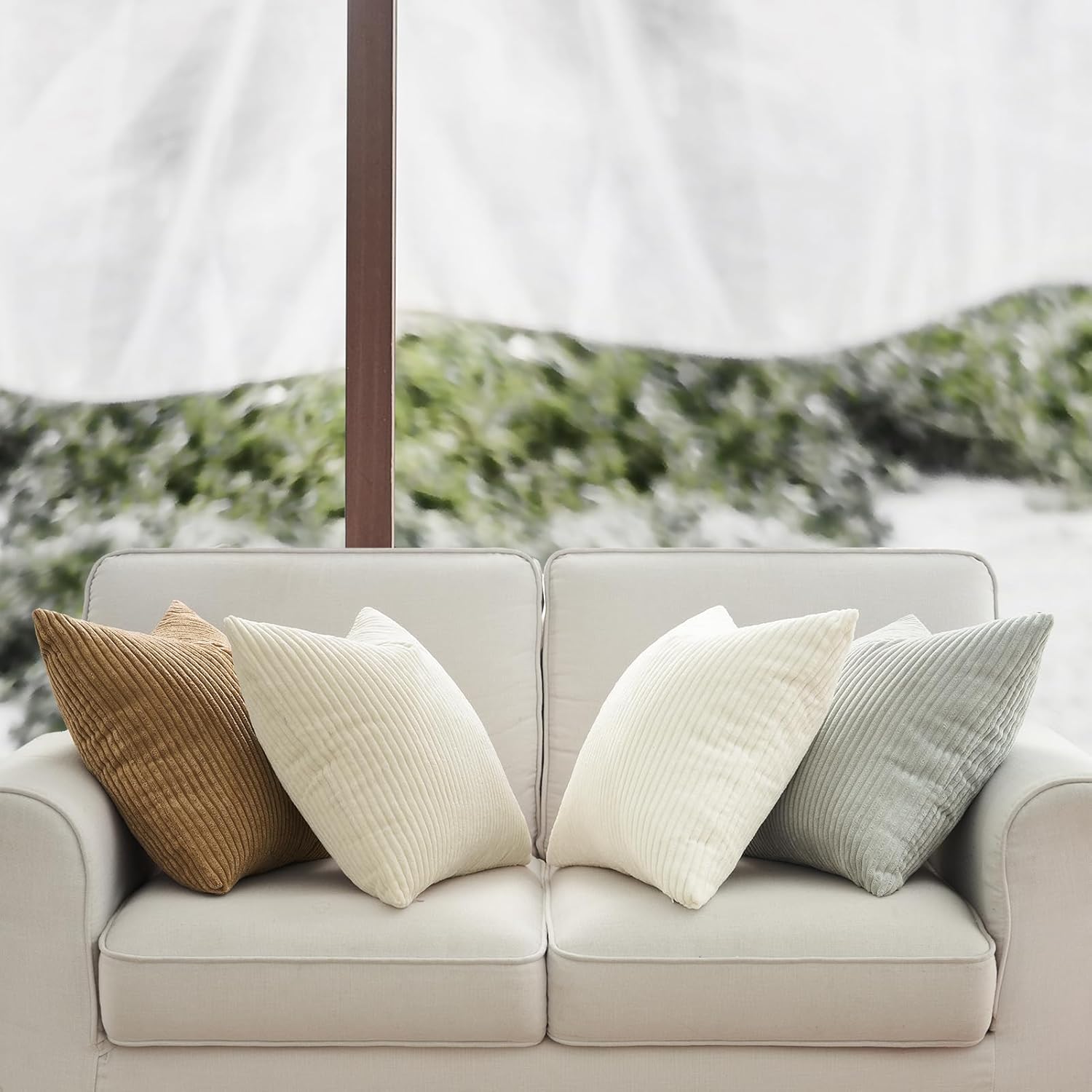 Corduroy Velvet Cushion Covers - Soft Velvet Fabric with Hidden Zipper - Stylish Mix of Beige Shades, 45cm x 45cm Pack of 4