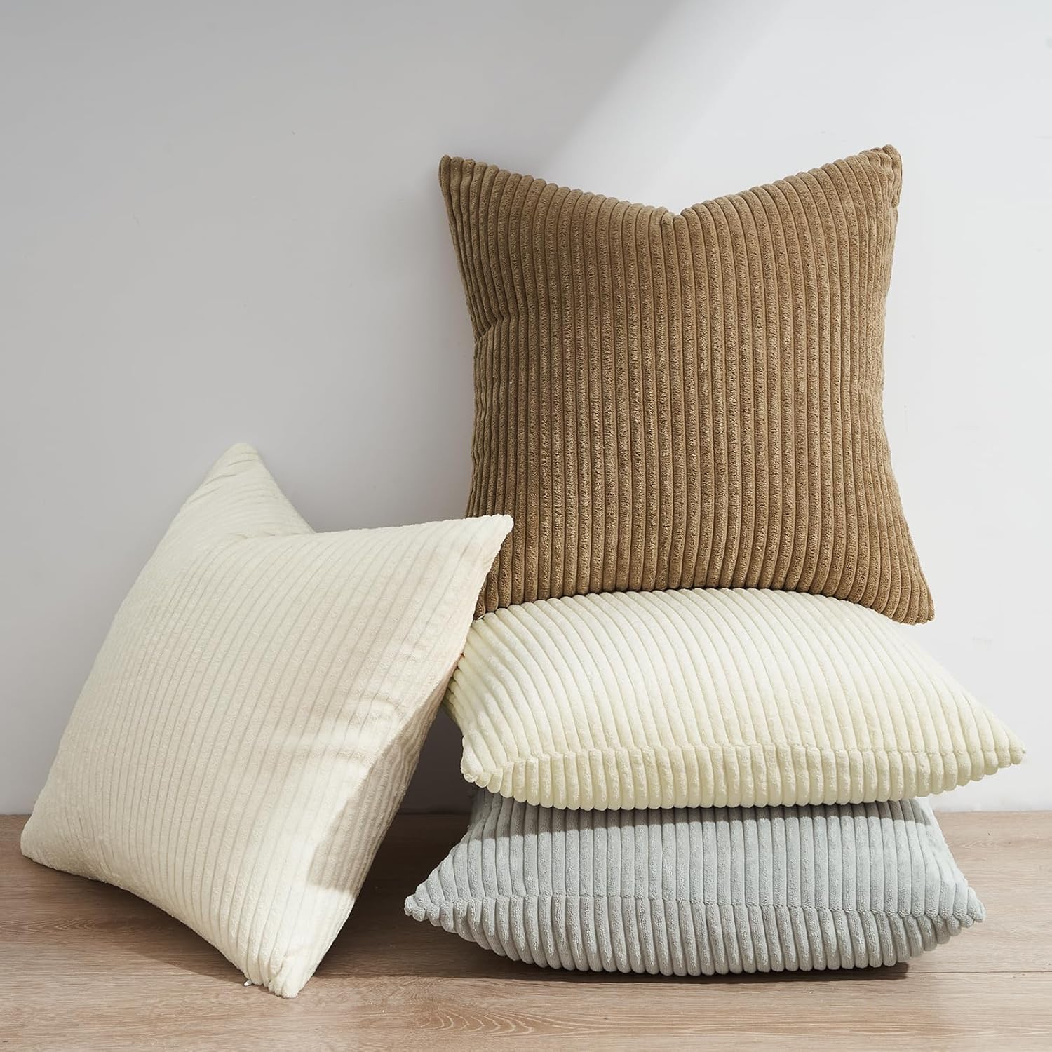 Corduroy Velvet Cushion Covers - Soft Velvet Fabric with Hidden Zipper - Stylish Mix of Beige Shades, 45cm x 45cm Pack of 4