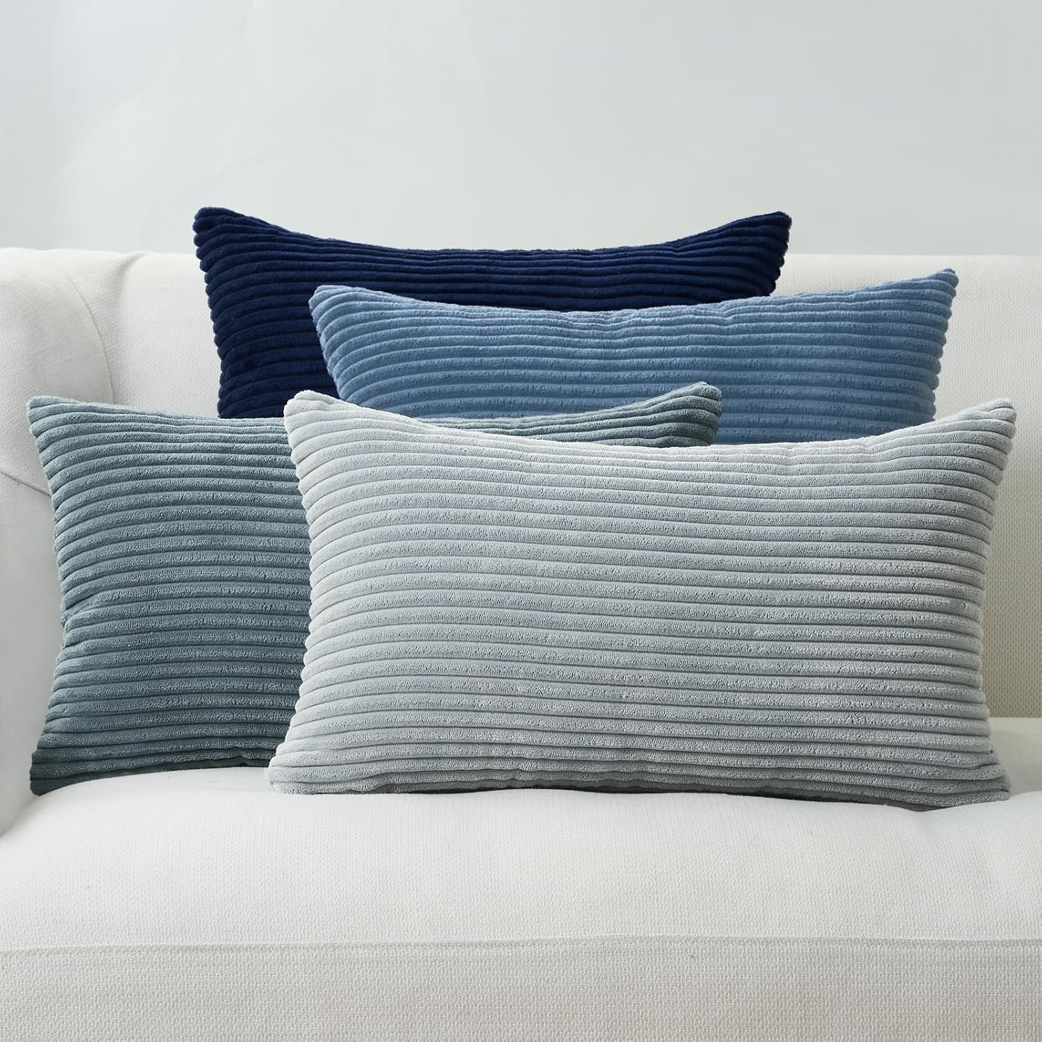 Corduroy Velvet Cushion Covers - Soft Velvet Fabric with Hidden Zipper - Stylish Mix of Blue Shades, 30cm x 50cm Pack of 4