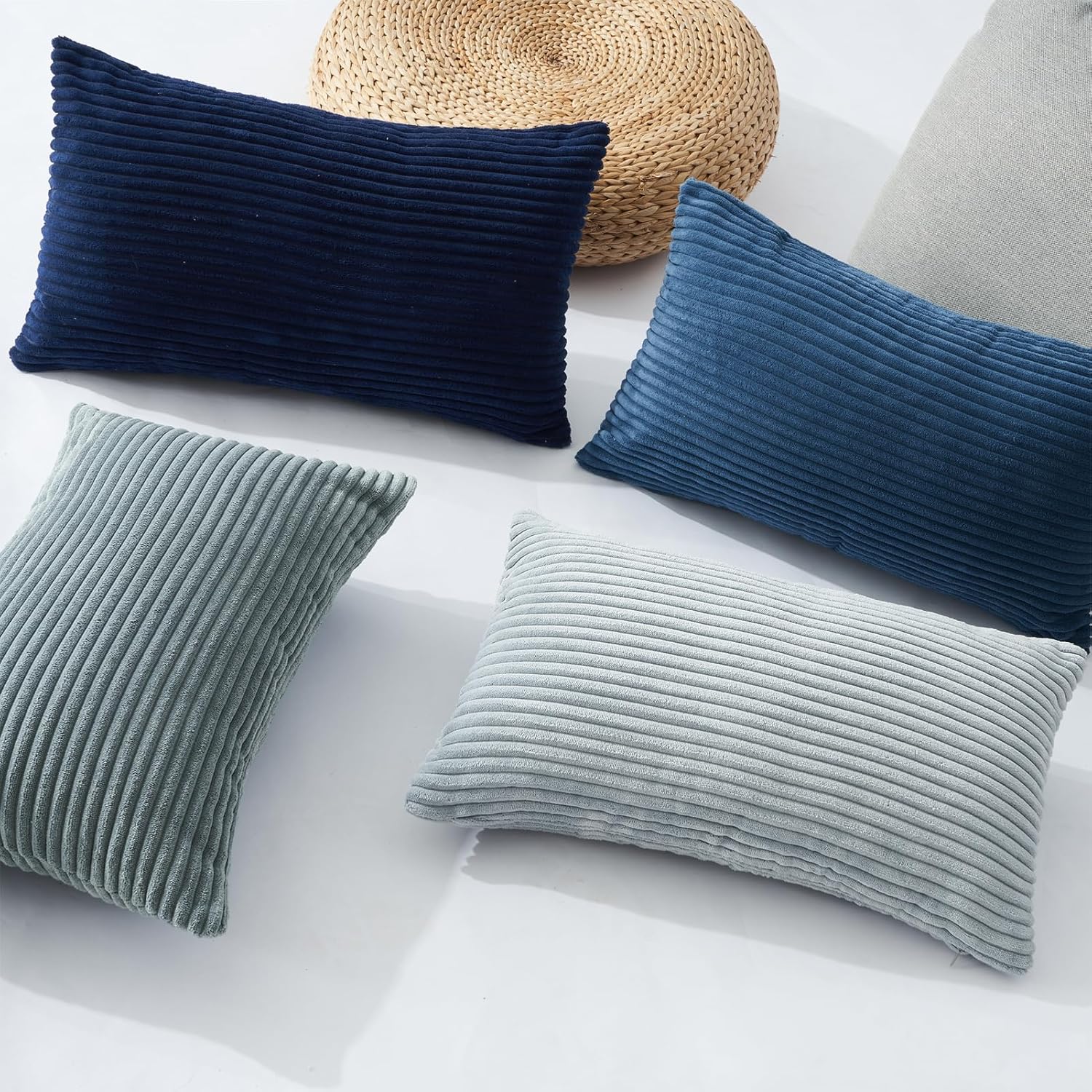 Corduroy Velvet Cushion Covers - Soft Velvet Fabric with Hidden Zipper - Stylish Mix of Blue Shades, 30cm x 50cm Pack of 4