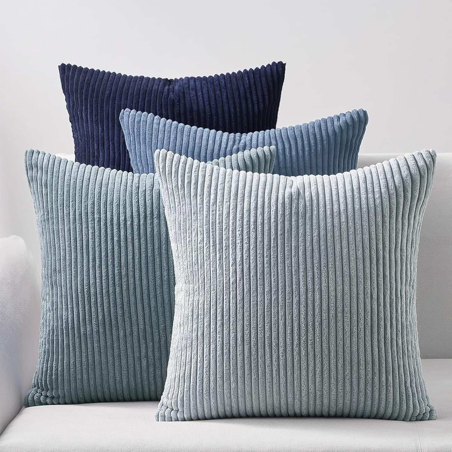 Corduroy Velvet Cushion Covers - Soft Velvet Fabric with Hidden Zipper - Stylish Mix of Blue Shades, 45cm x 45cm Pack of 4