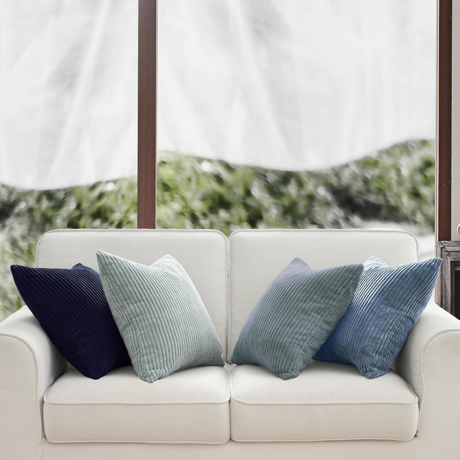 Corduroy Velvet Cushion Covers - Soft Velvet Fabric with Hidden Zipper - Stylish Mix of Blue Shades, 45cm x 45cm Pack of 4